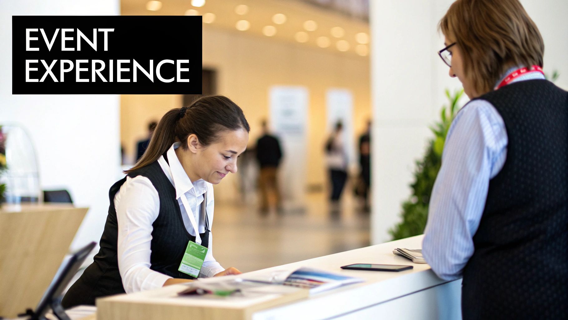 Professional event staff assisting a guest at a bright reception desk, enhancing the event experience.