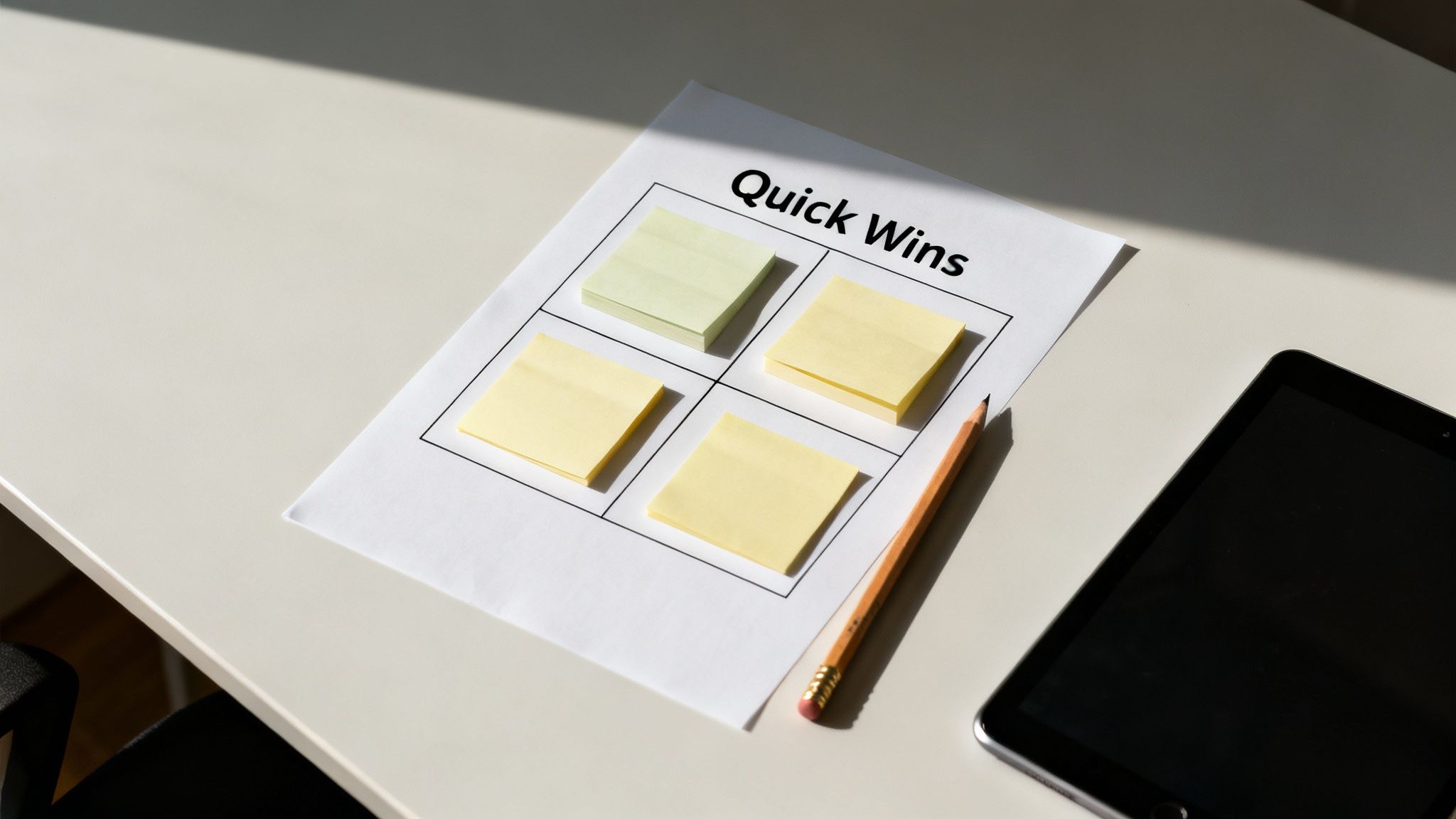 A paper titled 'Quick Wins' with four sticky notes, a pencil, and a tablet on a desk.
