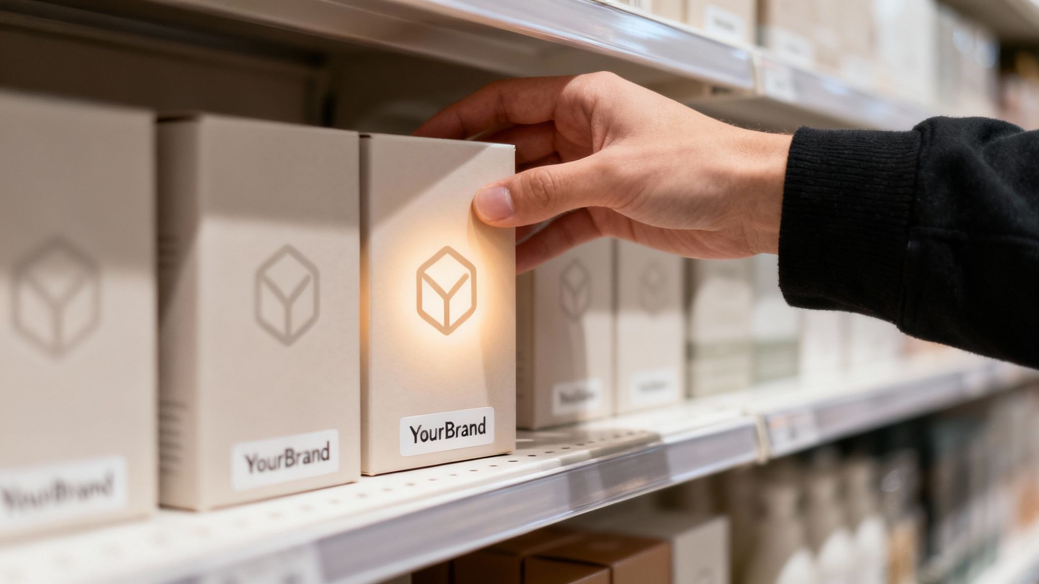 A hand selects a product box with a glowing brand logo from a retail store shelf.