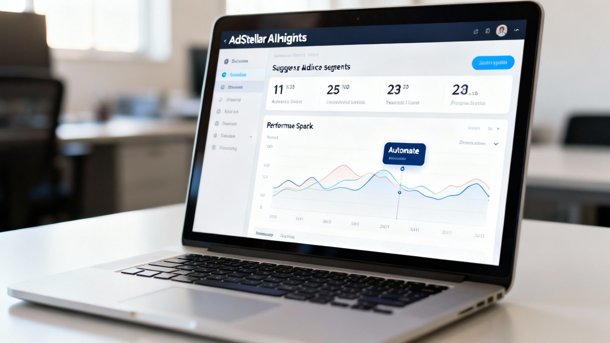A close-up of a laptop displaying a data analytics dashboard with charts and numbers.