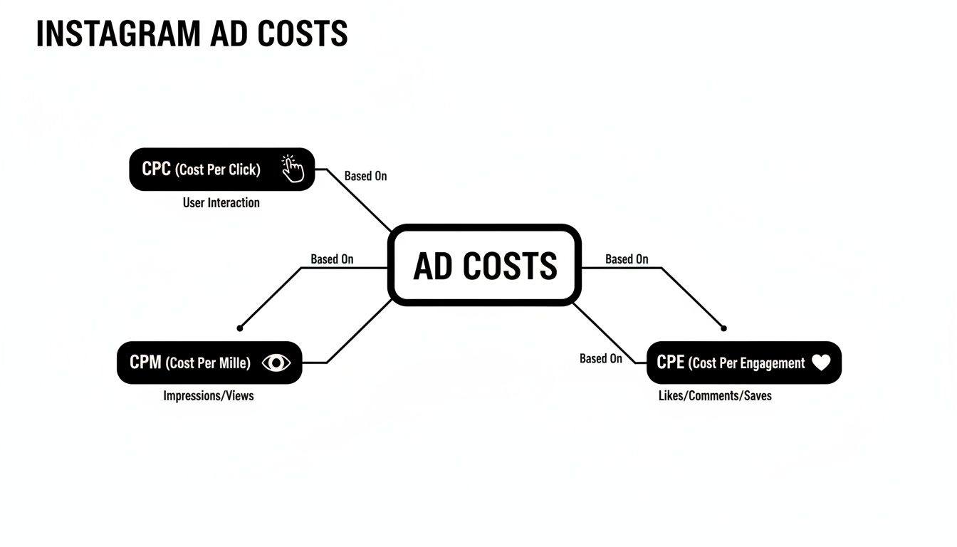 Mind map illustrating Instagram ad costs, detailing pricing models like CPC, CPM, and CPE.