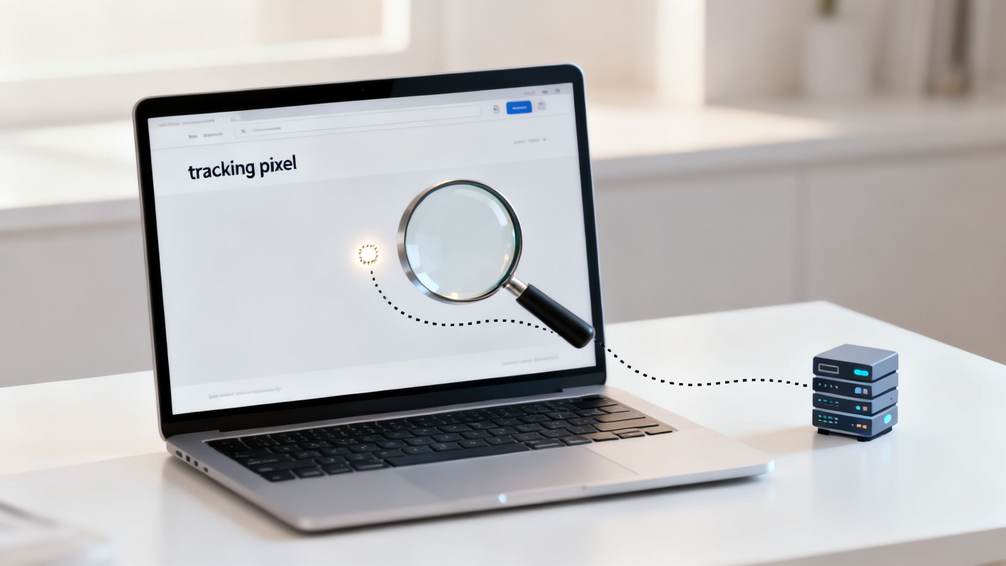 A laptop screen displays 'tracking pixel' with a magnifying glass examining a glowing data point, connected to servers.