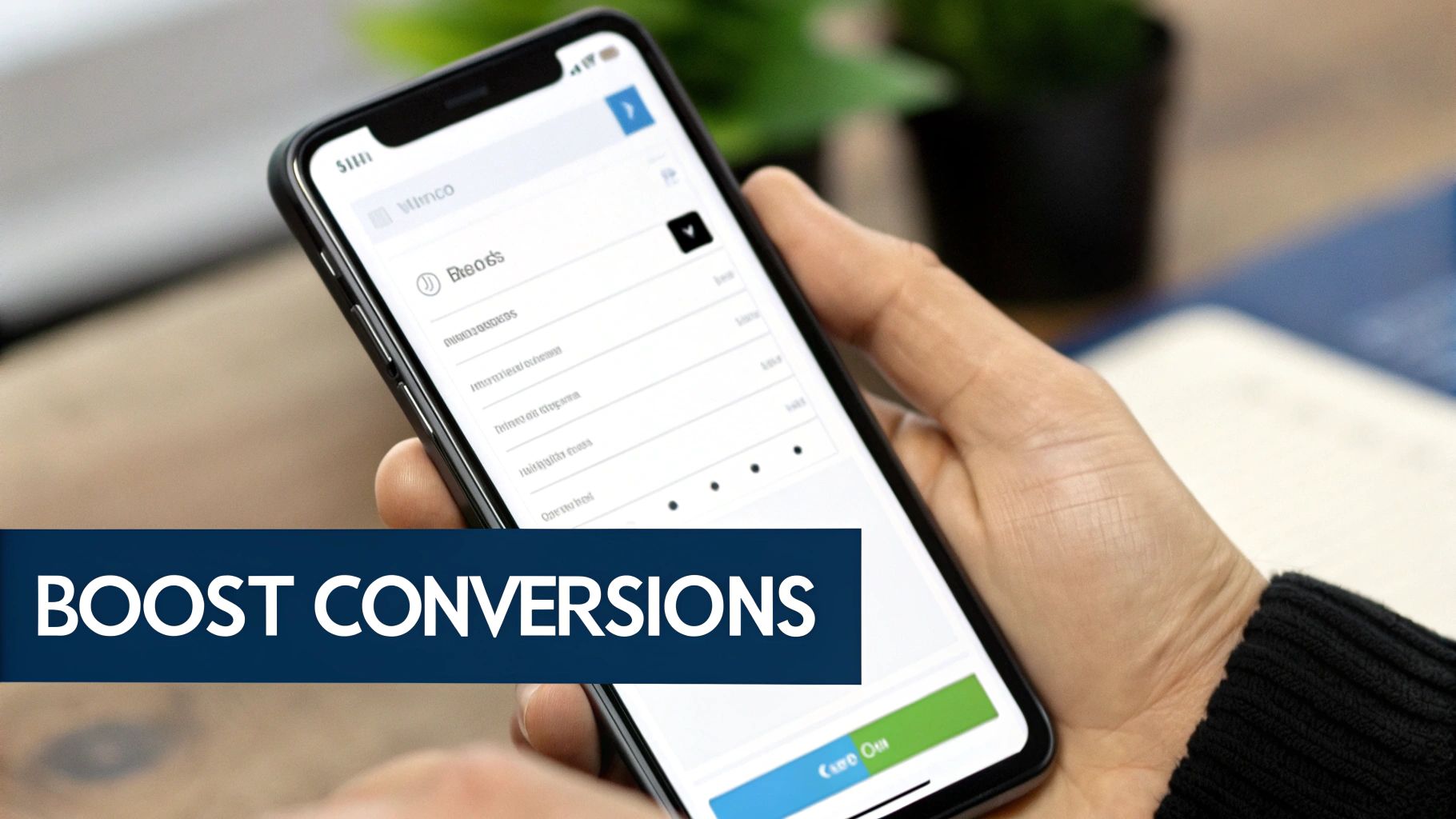 A person's hand holds a smartphone displaying an application form, with 'BOOST CONVERSIONS' text overlay.