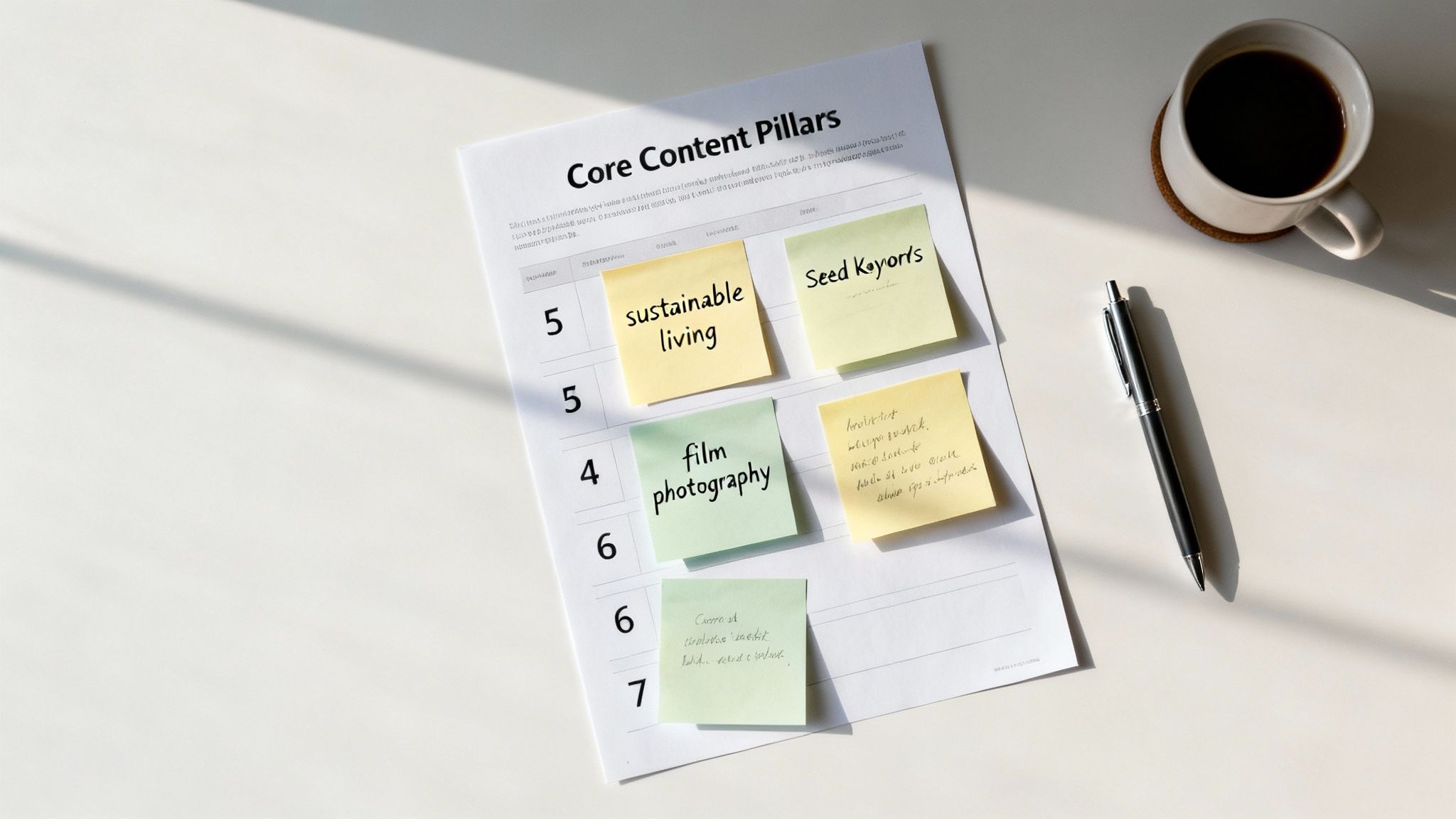Content planning document with sticky notes for 'sustainable living' and 'film photography', a pen, and coffee cup.