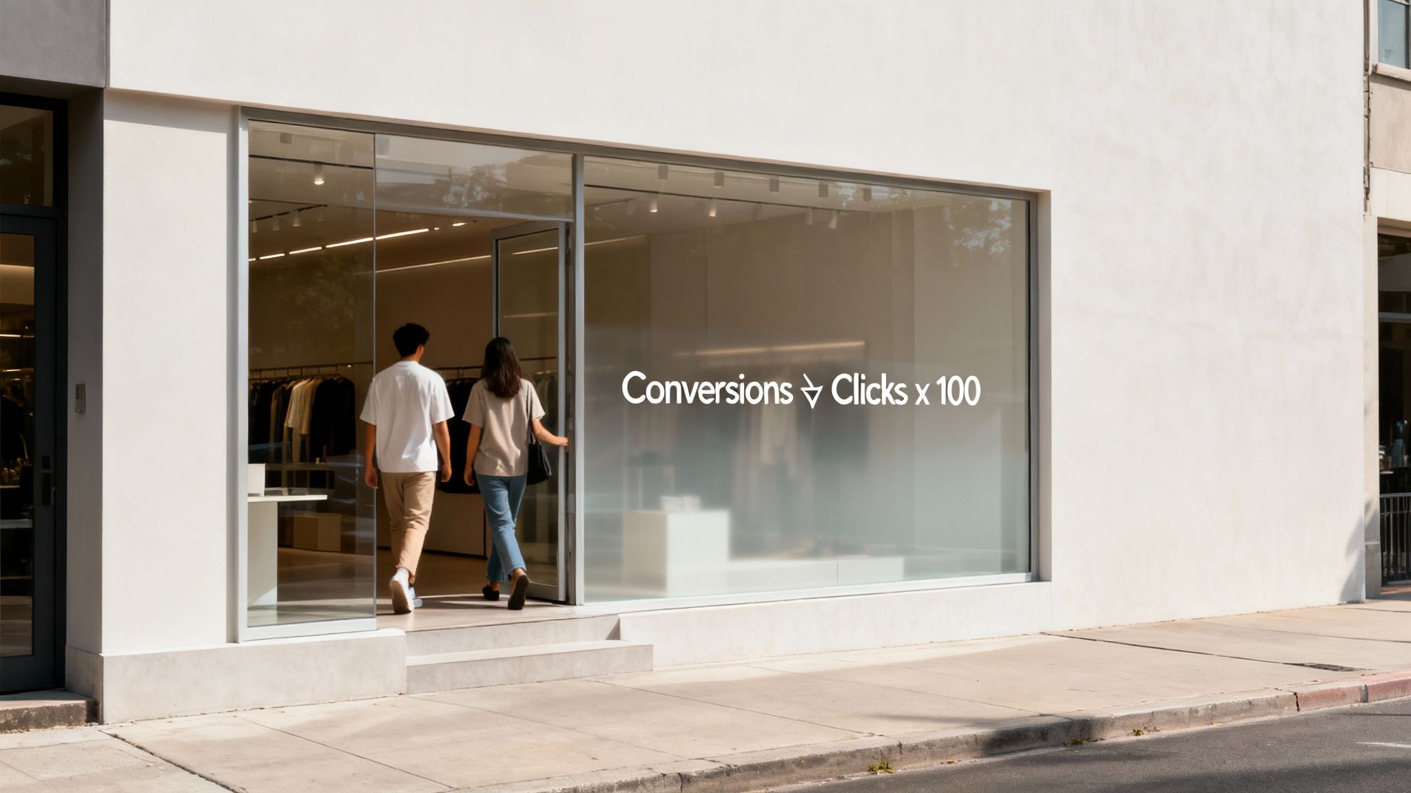 Two people entering a modern retail store with a marketing formula displayed on the window.
