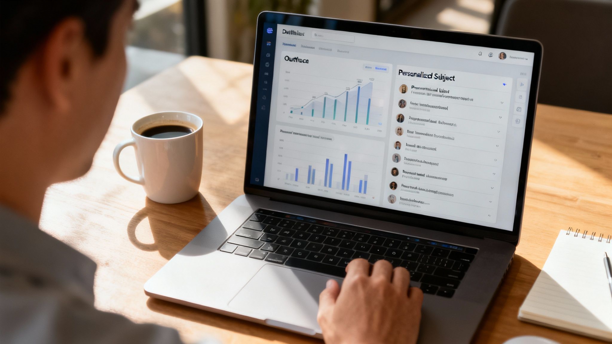 A person works on a laptop displaying email analytics and data graphs, with a coffee mug.