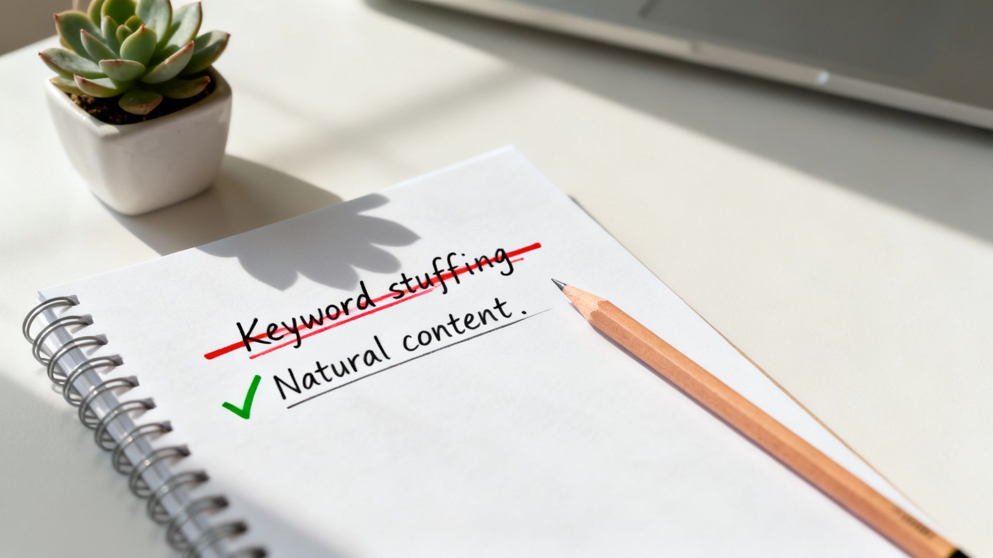 A notebook with 'Keyword stuffing' crossed out and 'Natural content.' checked, next to a pencil.