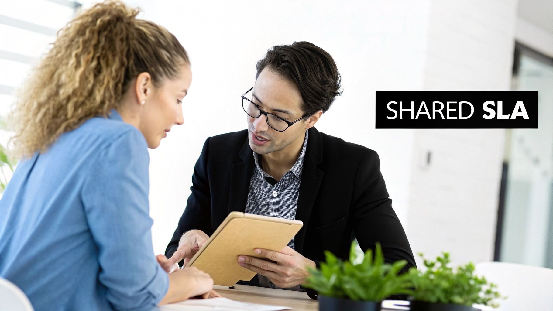 Man and woman discussing 'SHARED SLA' content on a tablet during a business meeting.