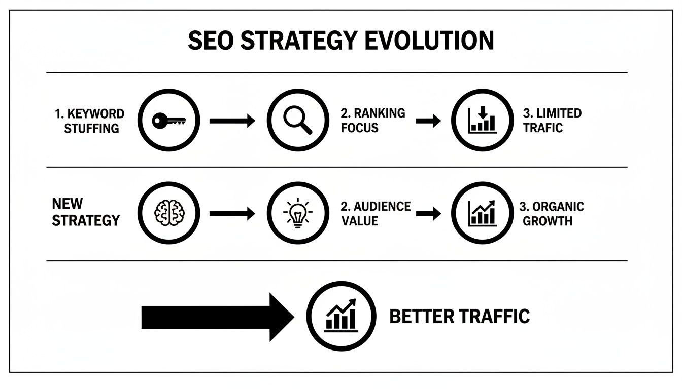 Infographic illustrating the evolution of SEO strategies from outdated tactics to modern, audience-focused approaches.