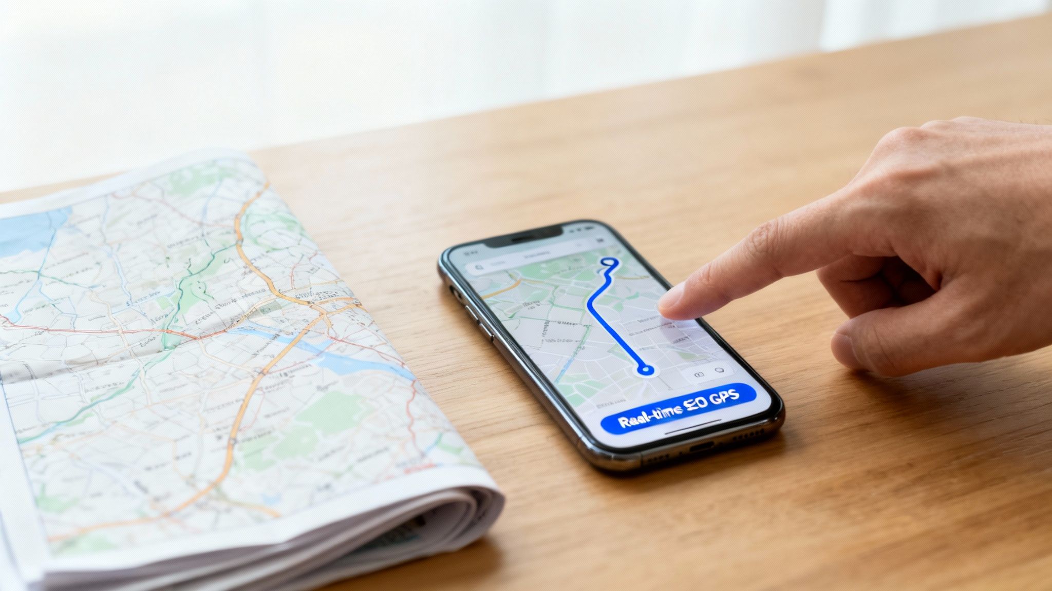 A hand interacting with a smartphone displaying GPS navigation route, next to a folded paper map.