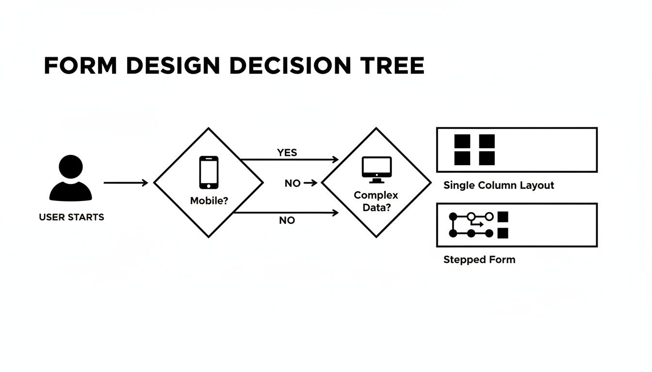 A form design decision tree flowchart showing choices for mobile or complex data, leading to single column or stepped form layouts.