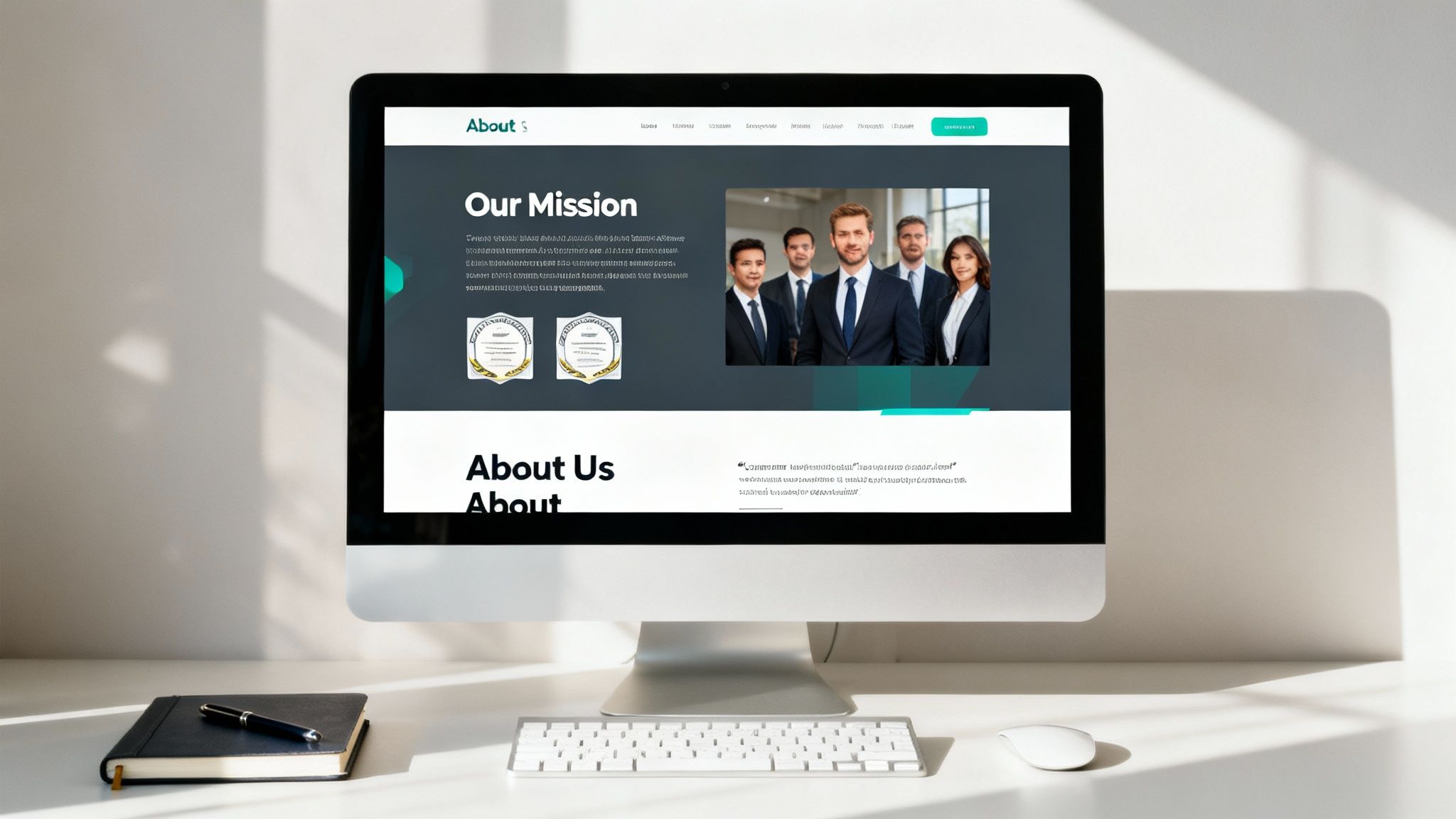 Desktop computer displaying a company's 'About Us' webpage with a business team photo.