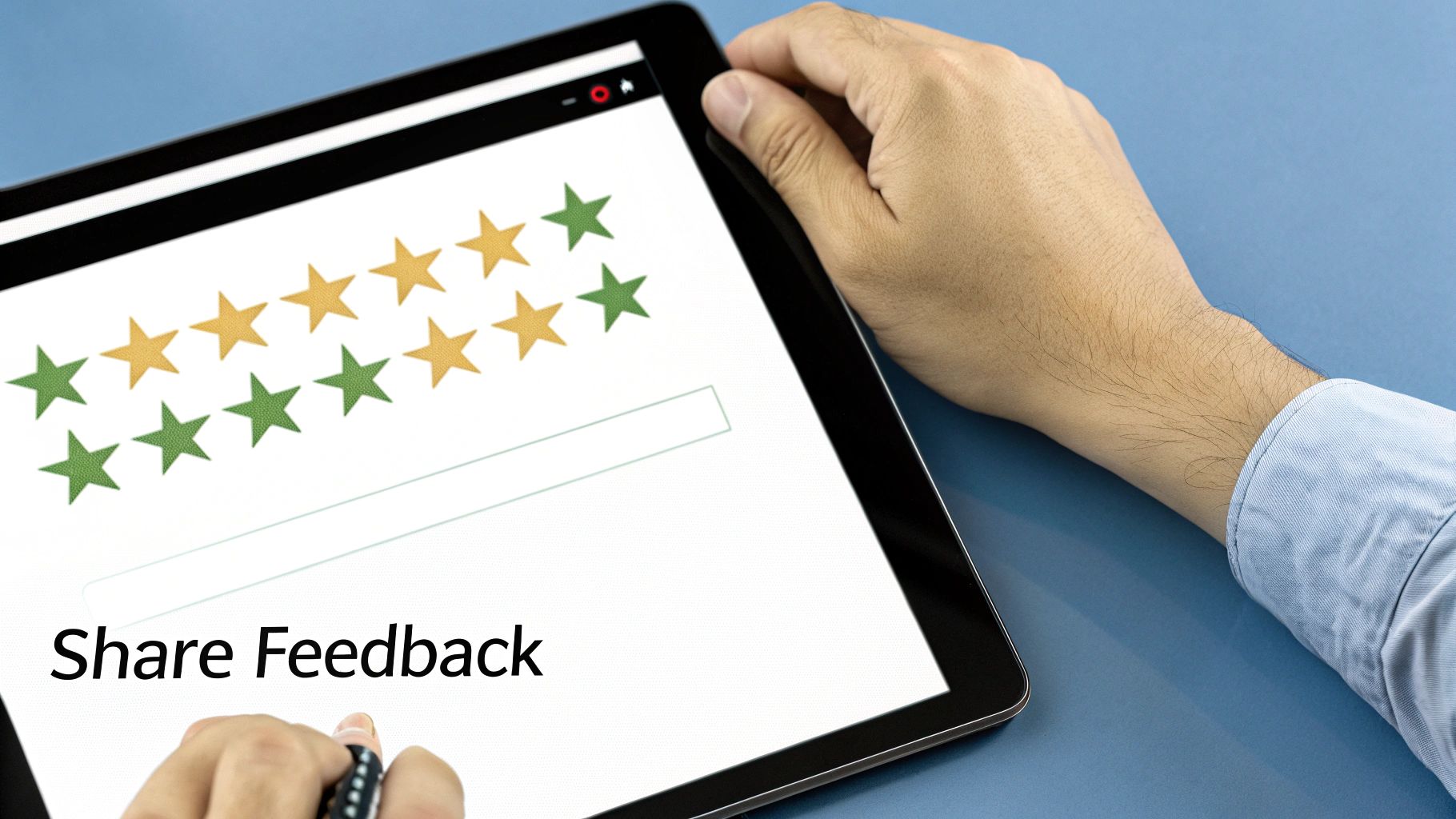 A person's hands holding a tablet displaying a customer feedback form with star ratings and 'Share Feedback' text.