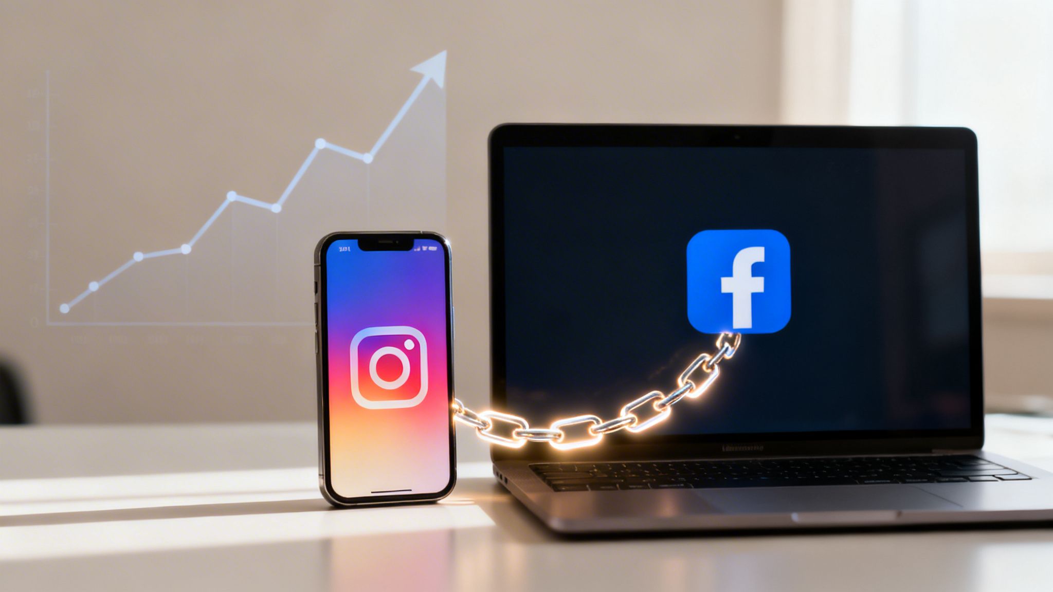 Smartphone with Instagram logo chained to a laptop displaying Facebook logo, against a backdrop of a rising graph.