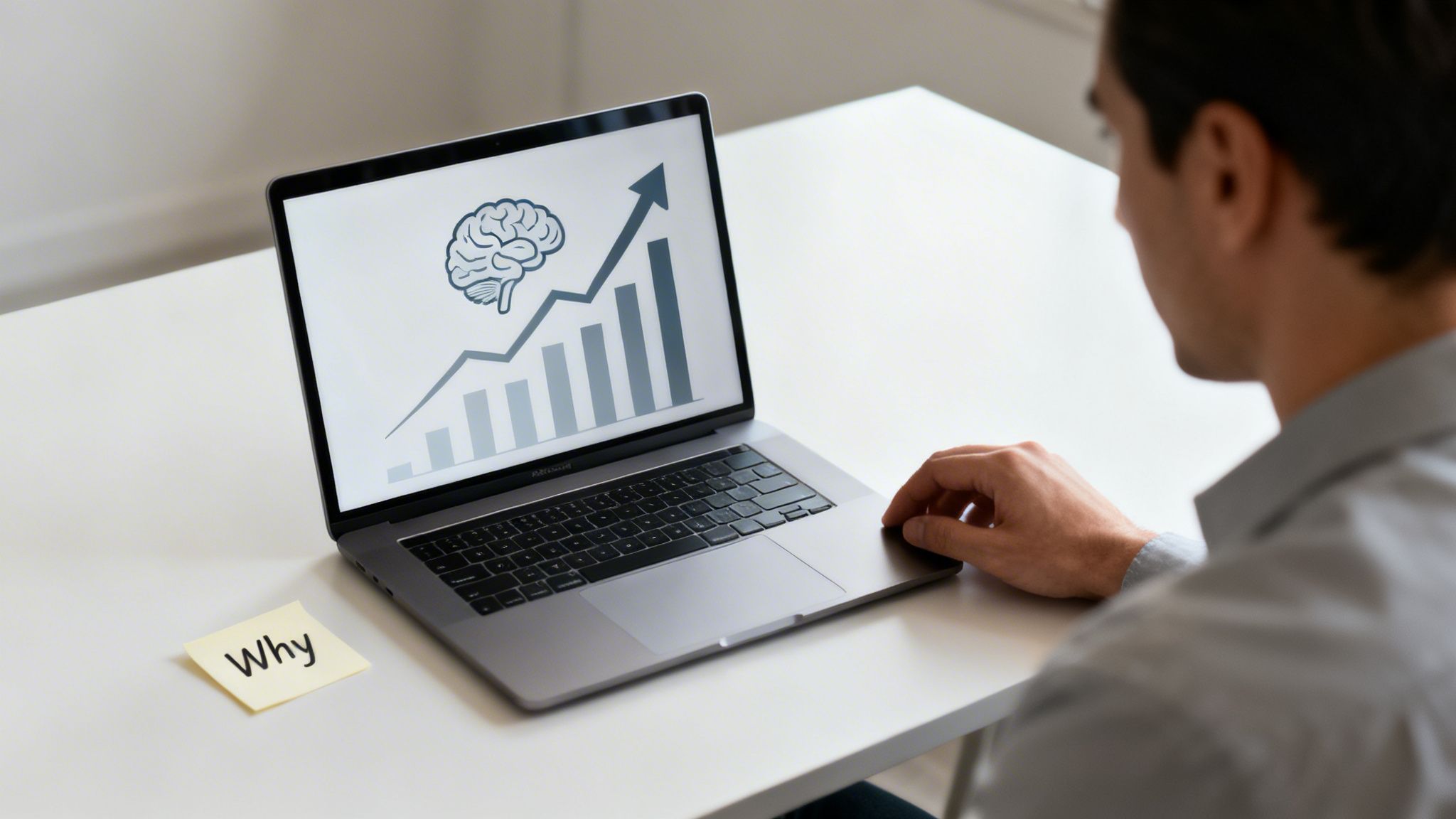 A person views a laptop showing a brain icon, an upward growth chart, and a 'Why' sticky note.