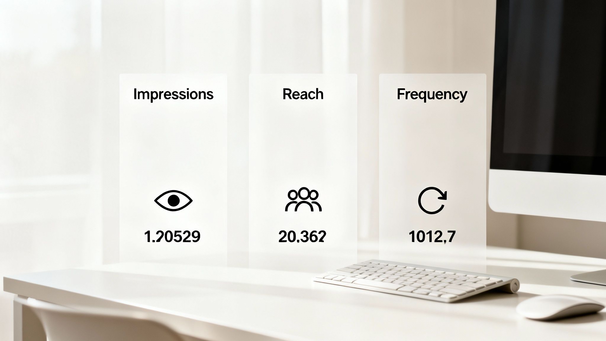 Digital marketing metrics display showing impressions, reach, and frequency on a modern white desk.