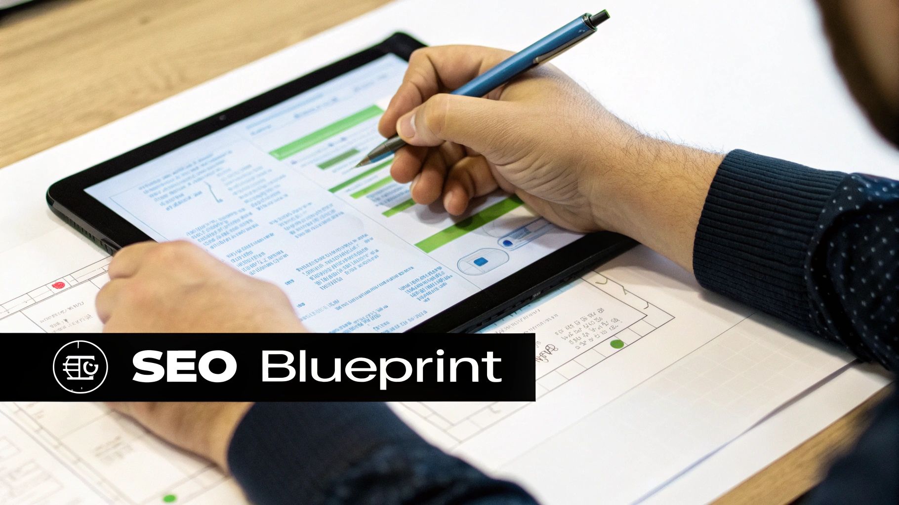 Hands using a stylus on a tablet displaying SEO blueprint data and planning documents.