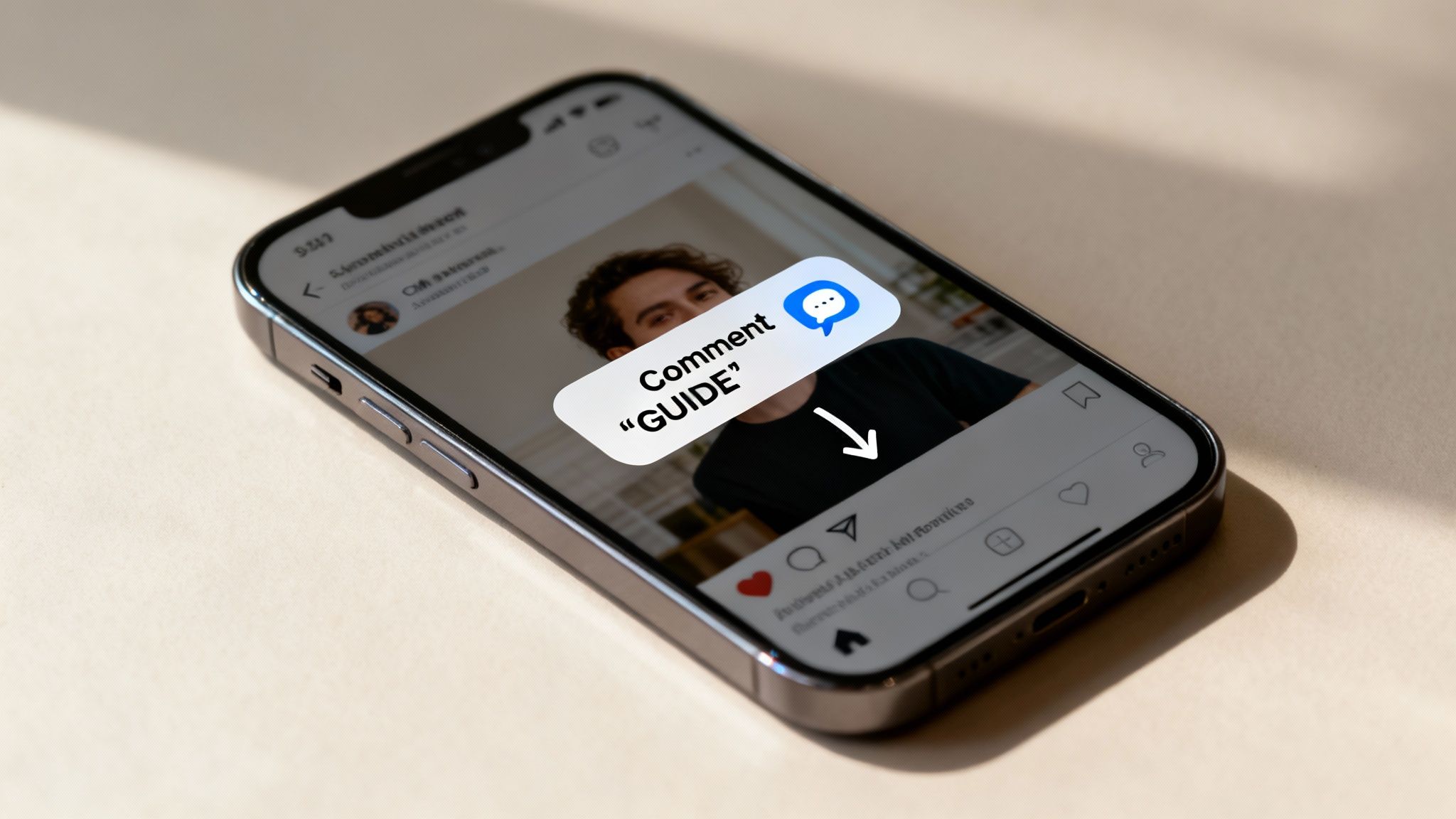 An iPhone screen displays an Instagram post with a 'Comment GUIDE' overlay and chat icon.