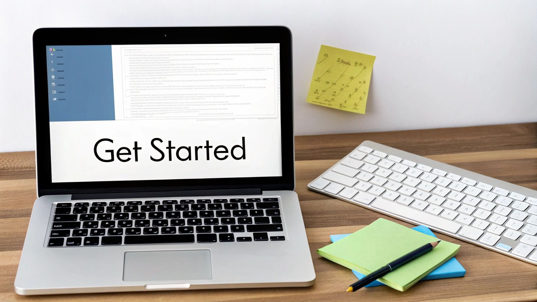 A laptop displaying 'Get Started' on its screen, alongside a keyboard and sticky notes on a wooden desk.