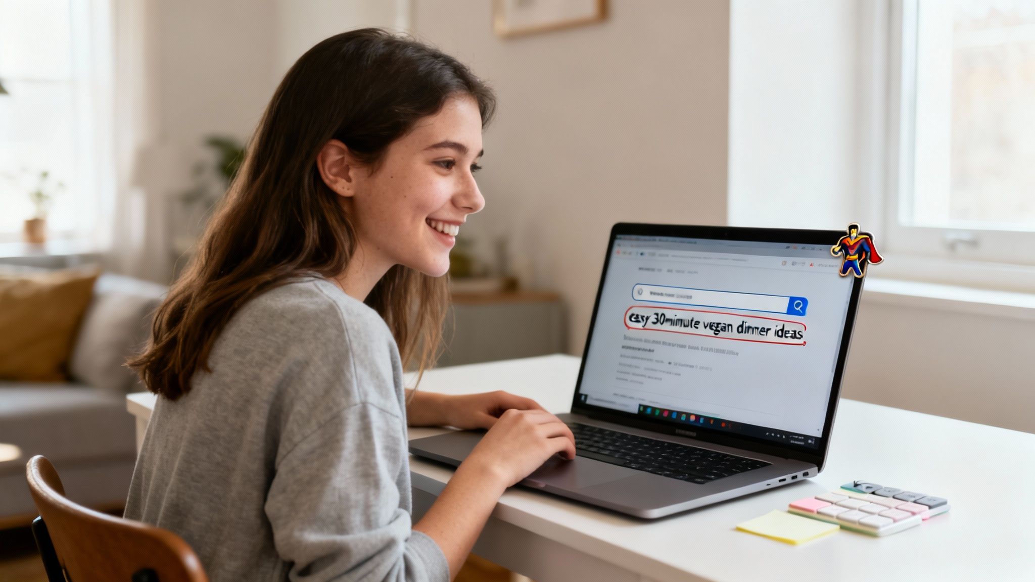 A smiling young woman searches for 'easy 30-minute vegan dinner ideas' on her laptop at home.