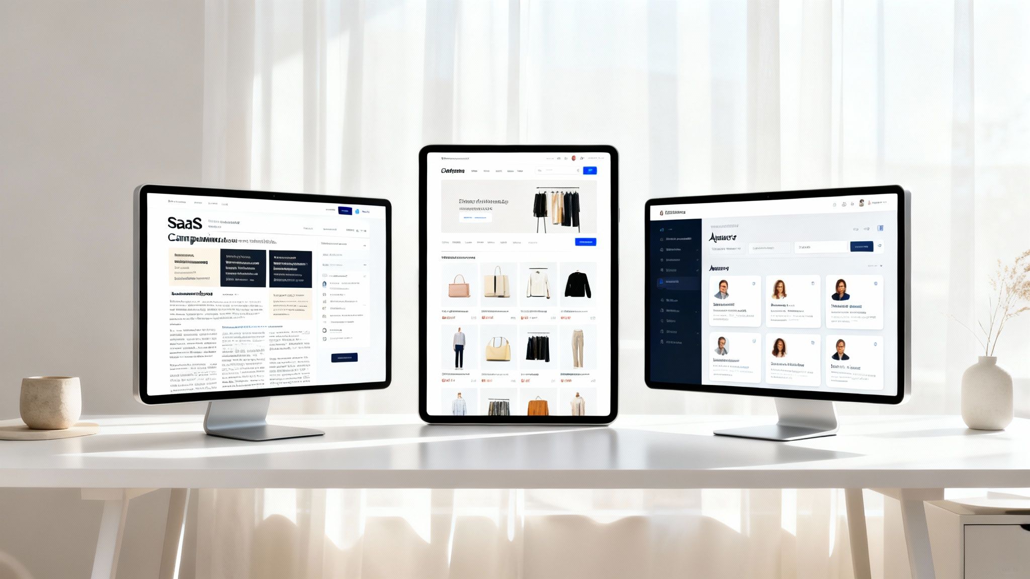 Three digital screens displaying different web applications on a clean white desk.