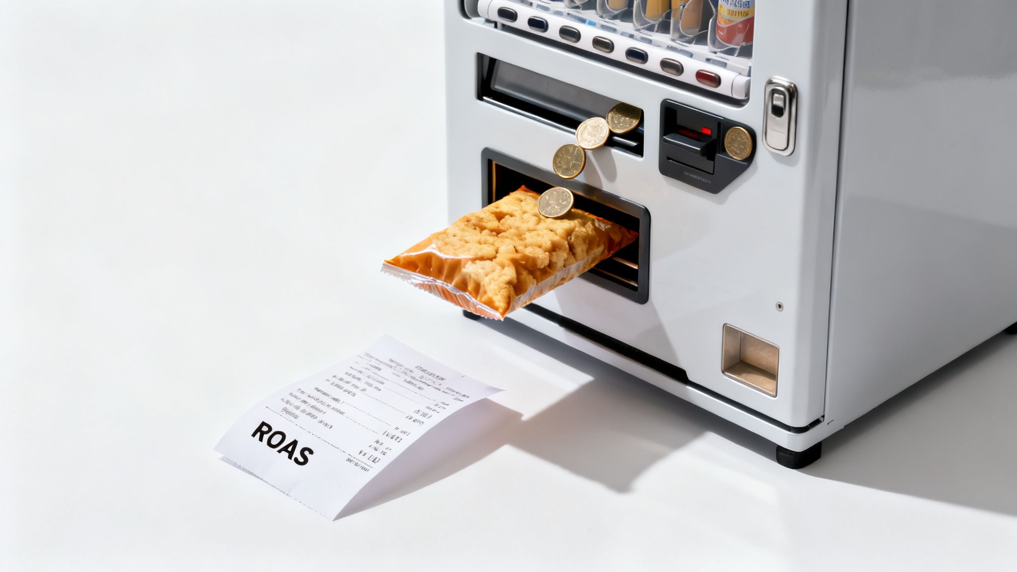 A vending machine dispenses a snack bag and coins, with a ROAS receipt nearby.
