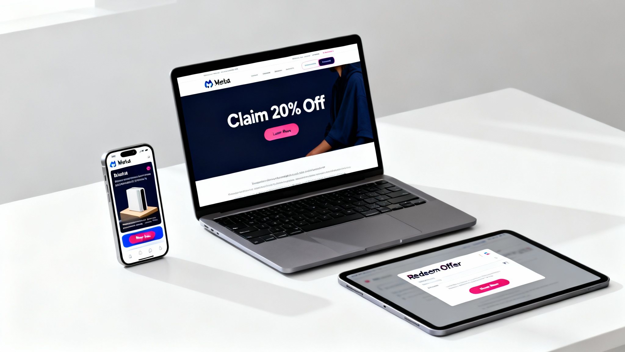 Laptop, smartphone, and tablet displaying various calls to action on a clean white table.