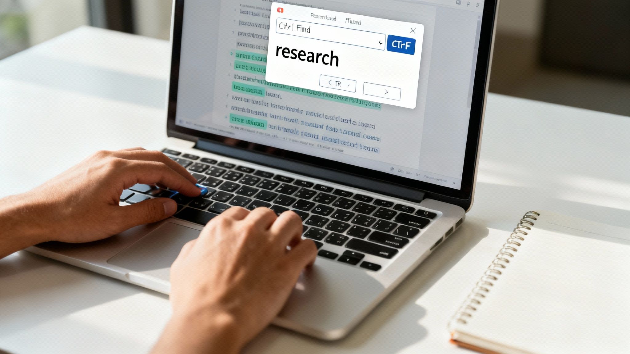 Person using a laptop to search for 'research' on a document with a Ctrl F dialog box open.