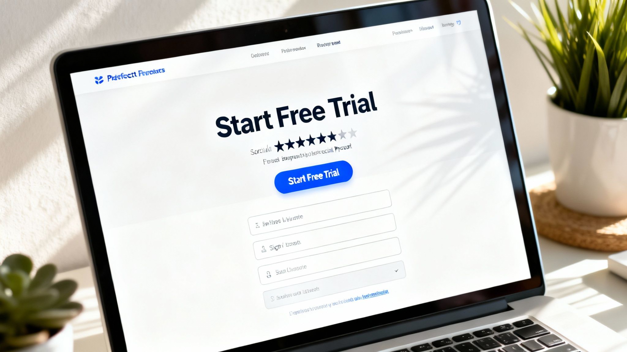 A laptop displaying a website for 'Prefectt Providers' with a 'Start Free Trial' button and sign-up form.