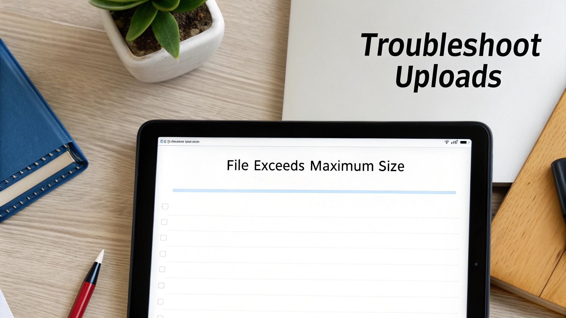 A tablet displays 'File Exceeds Maximum Size' error next to 'Troubleshoot Uploads' text.