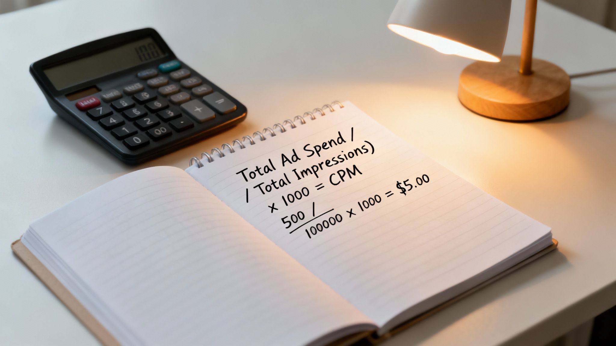 A marketing cost formula (CPM) written in a notebook with a calculator and lamp.