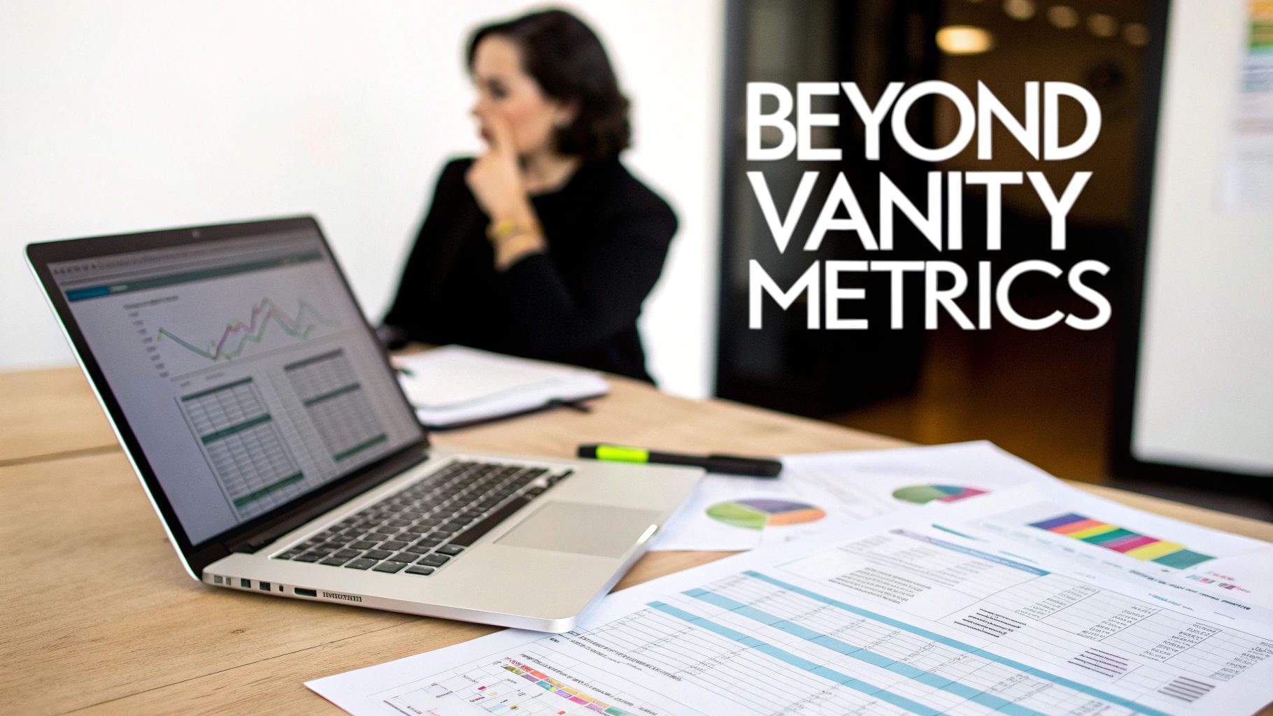 Woman analyzing charts and graphs on laptop and paper, with 'Beyond Vanity Metrics' text.