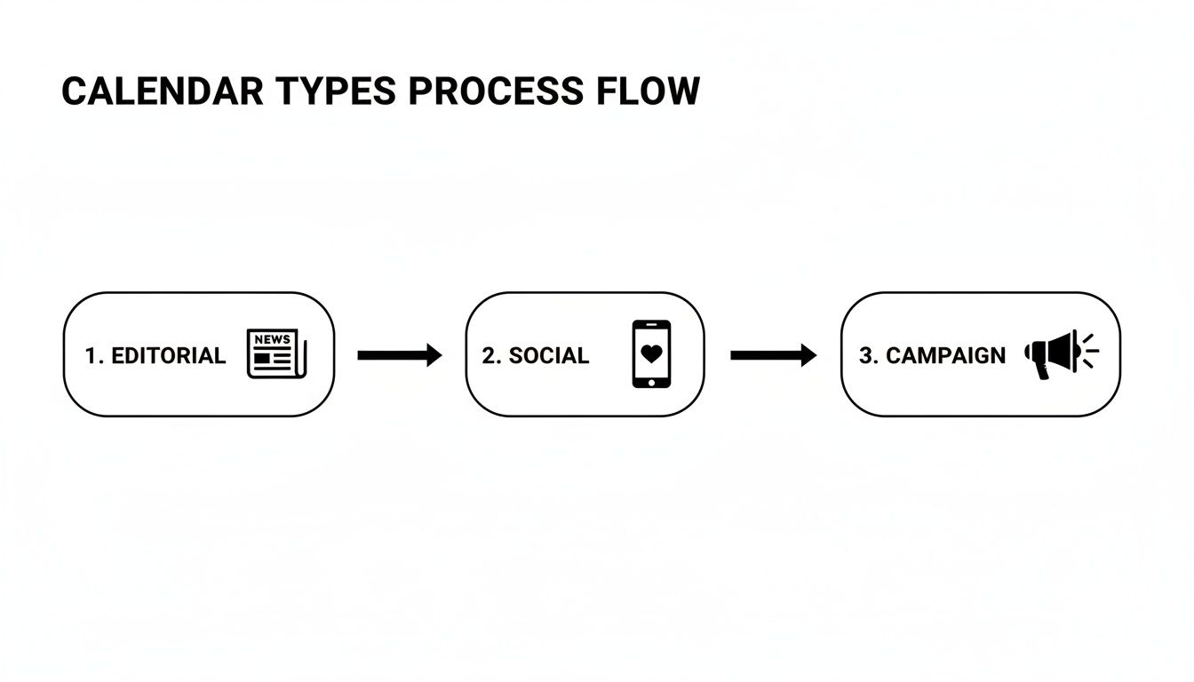 A process flow diagram illustrating three calendar types: editorial, social, and campaign, each with a relevant icon.