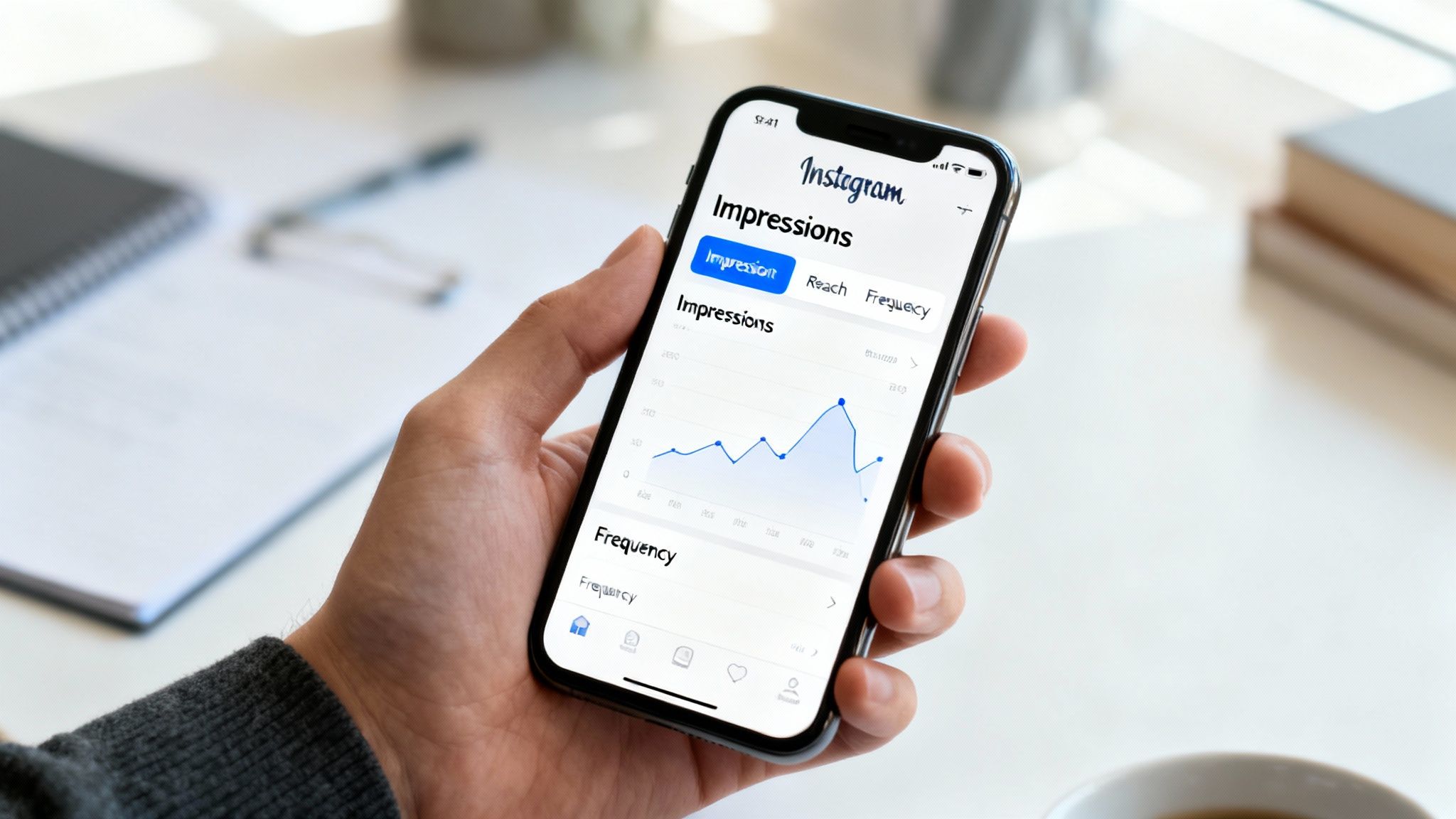 A hand holds a smartphone displaying Instagram impressions analytics with a blue line graph.