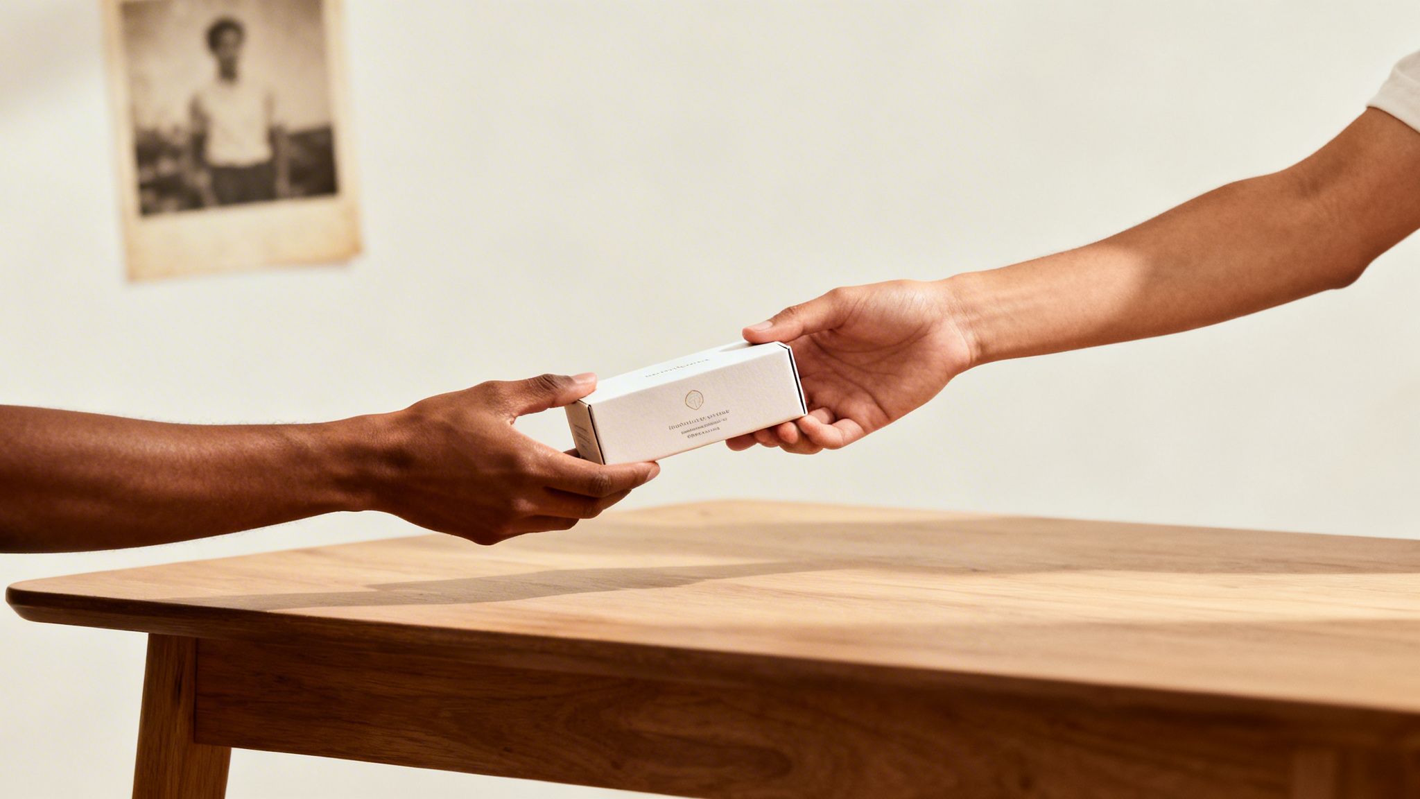 Two people exchanging a small white box over a wooden table with a blurry photo in the background.