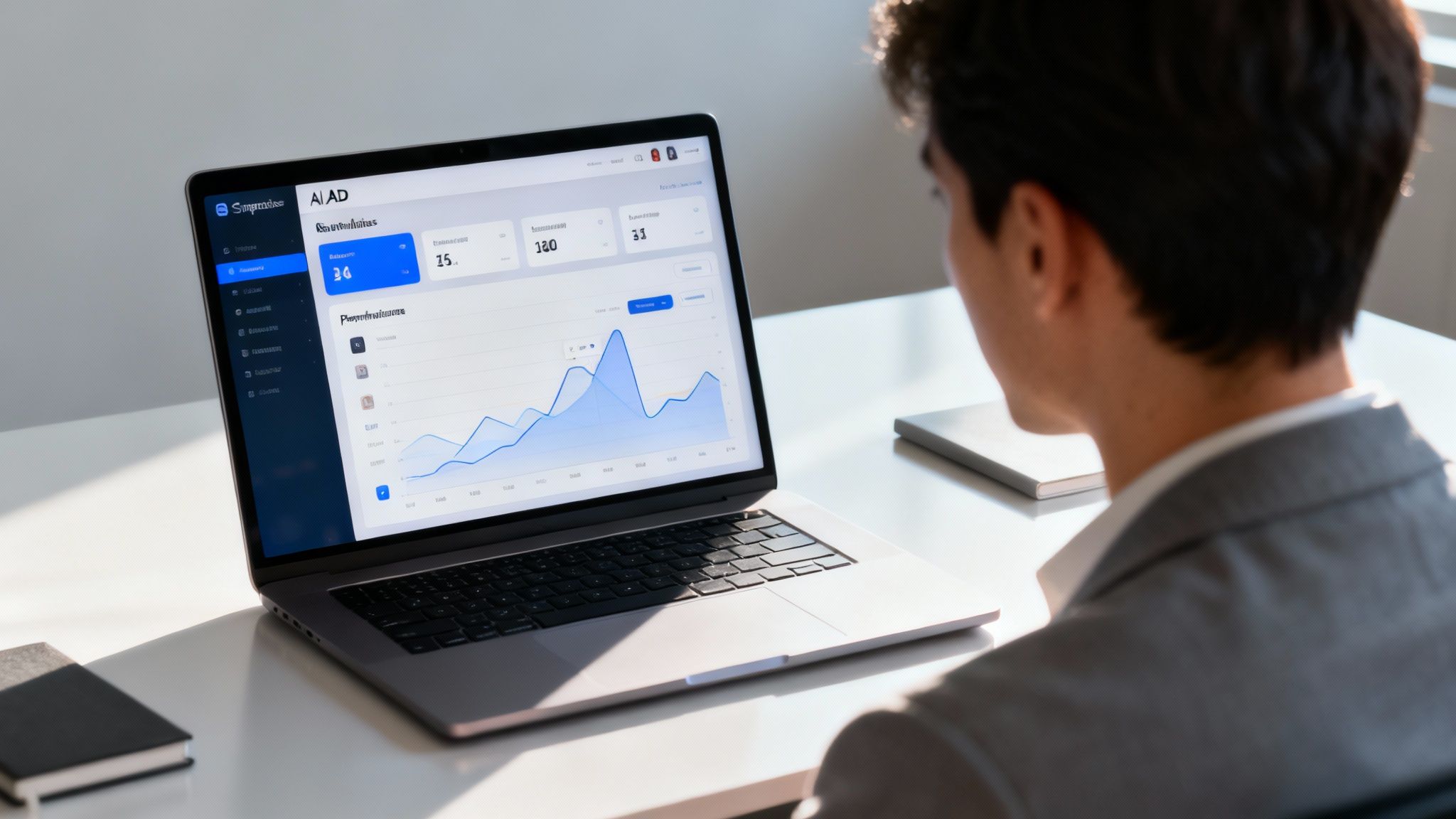 A man in a suit looks at a laptop showing a business analytics dashboard with charts and data.