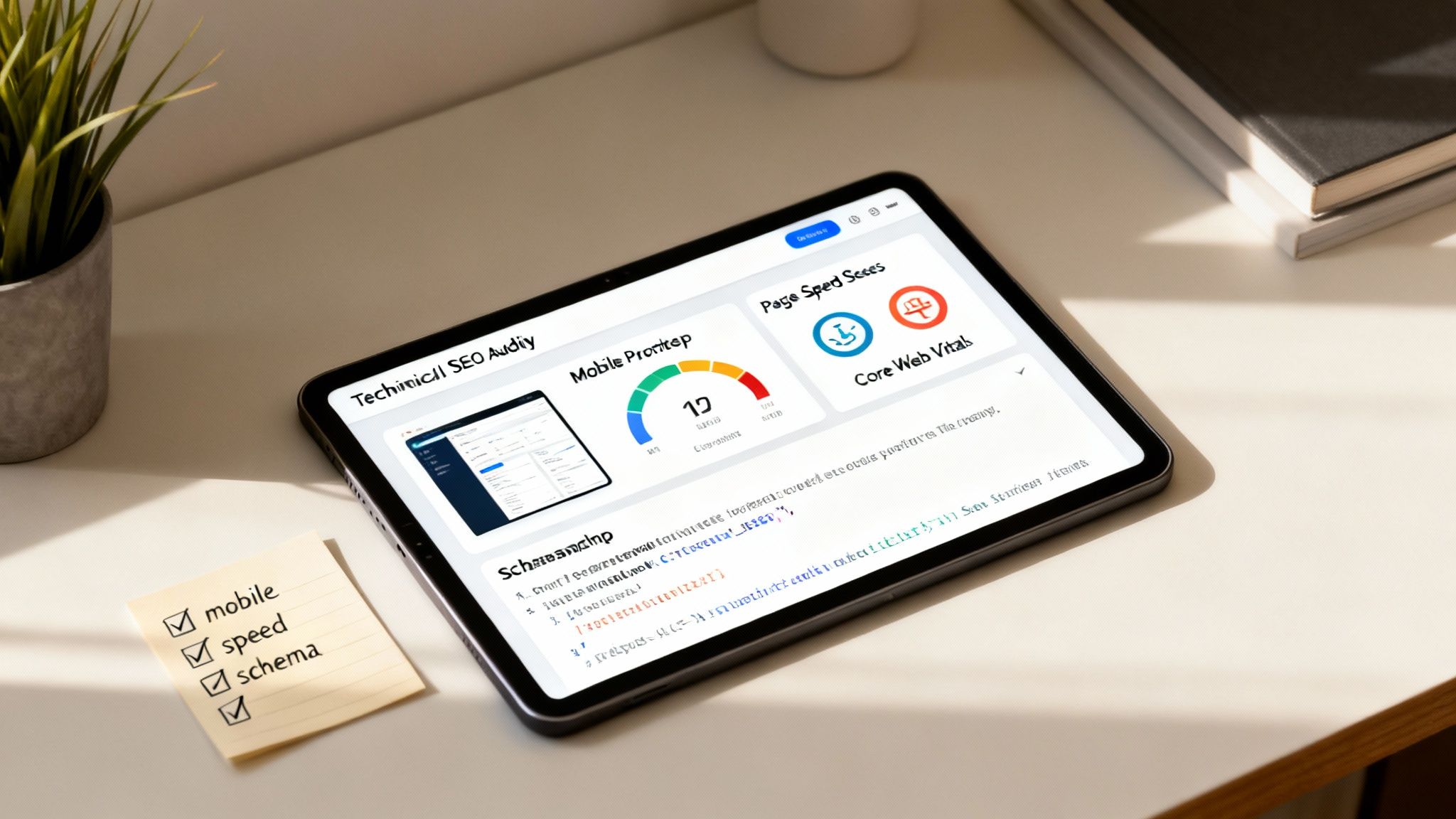 A tablet displaying a technical SEO audit dashboard with mobile, speed, and schema checks.