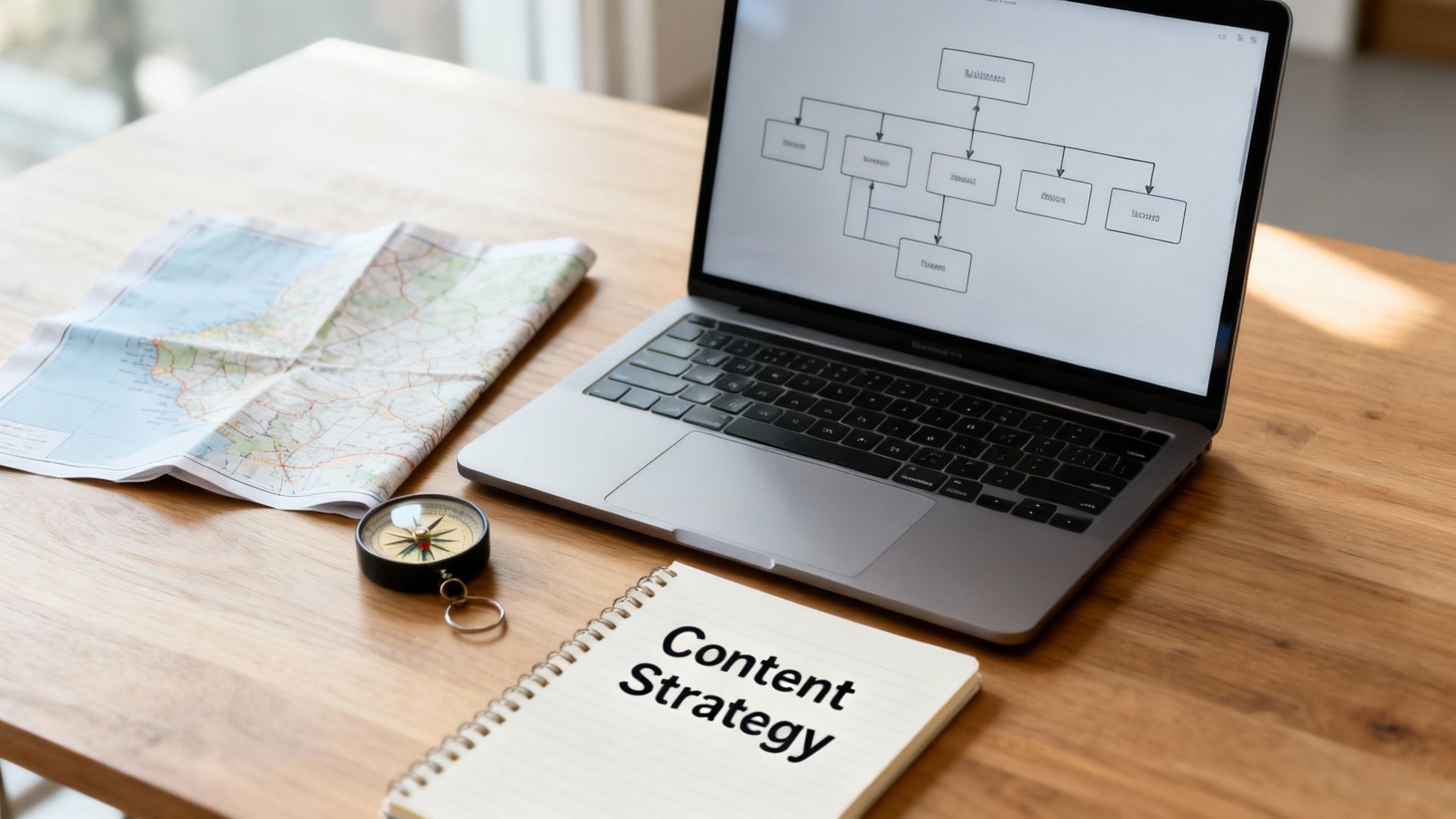 A desk setup with a laptop showing a content strategy diagram, a map, a compass, and a 'Content Strategy' notebook.
