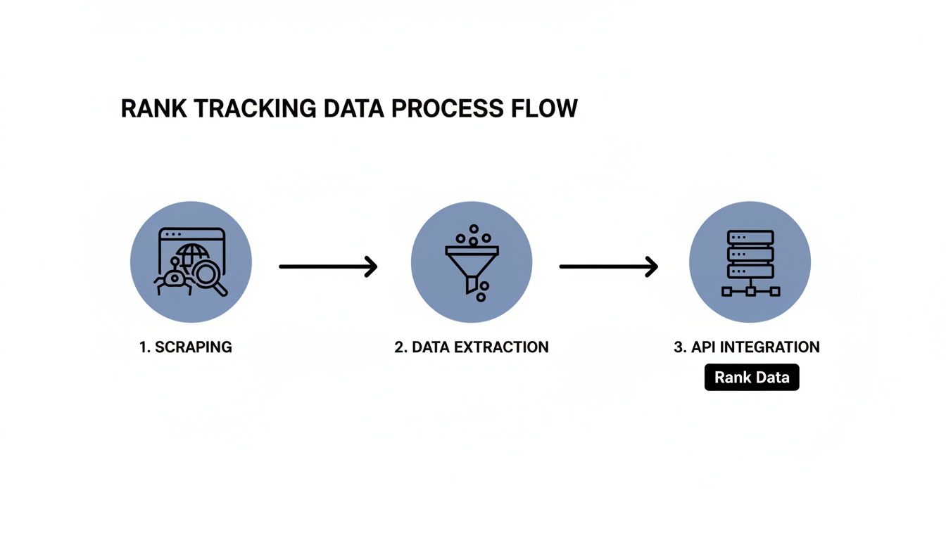 Diagram outlining the rank tracking data process flow from scraping to data extraction and API integration.
