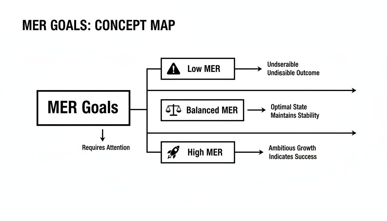 Concept map illustrating MER goals: low (undesirable), balanced (optimal), and high (ambitious growth) outcomes.