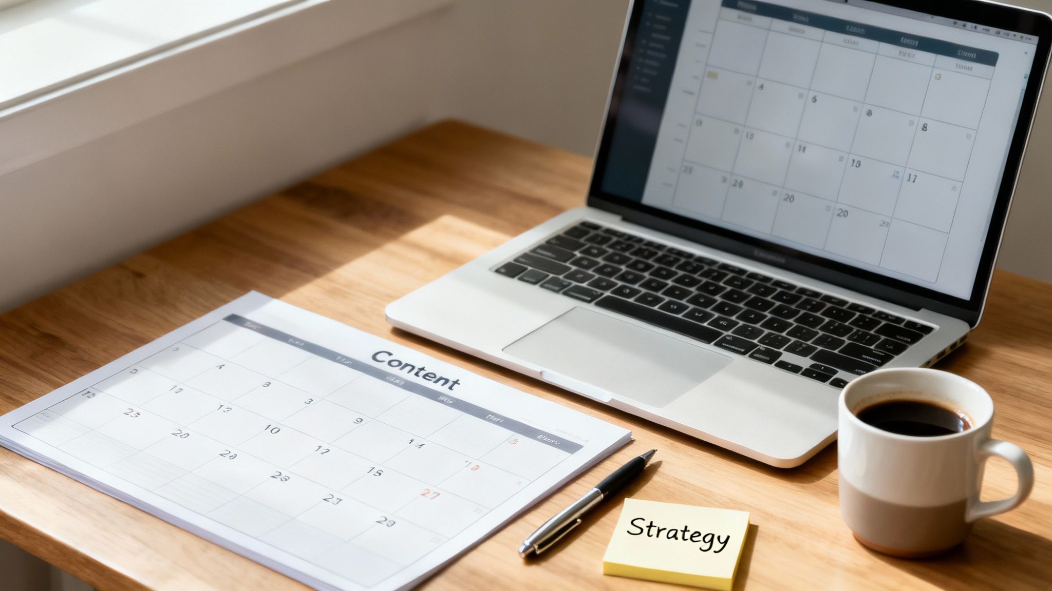 A person working on a content calendar with sticky notes and a laptop, illustrating strategic planning.