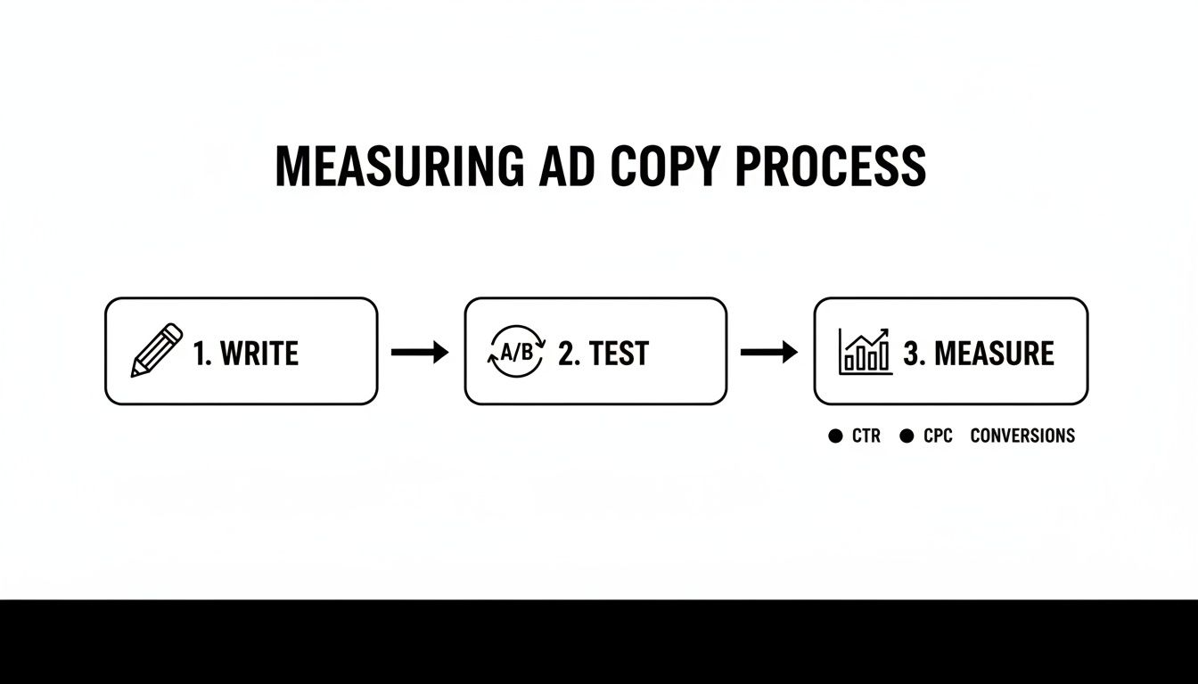 Flowchart detailing the three-step process for measuring ad copy effectiveness: write, test, and measure performance metrics.