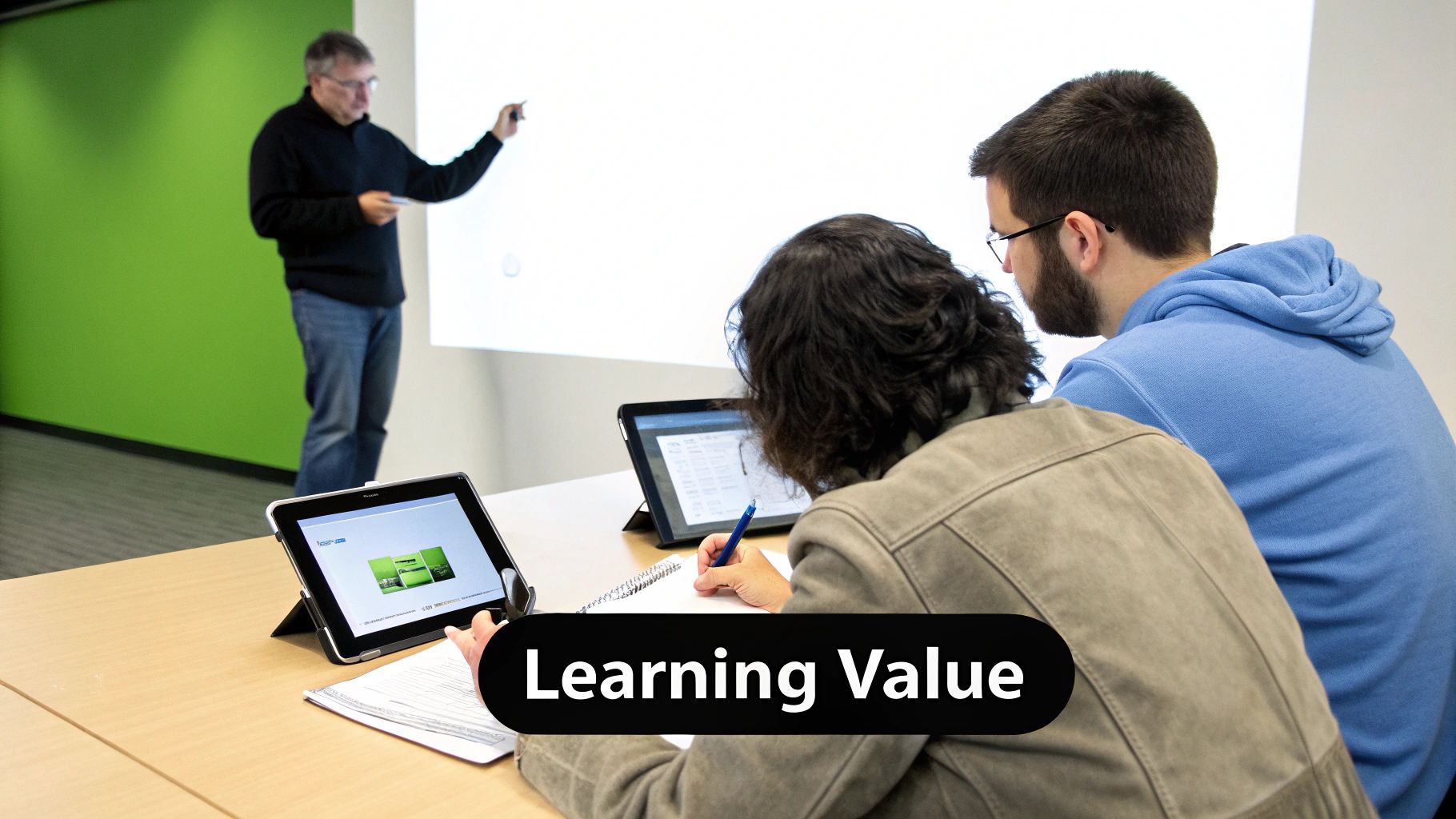 An instructor presents to two students taking notes and using tablets during a learning session.