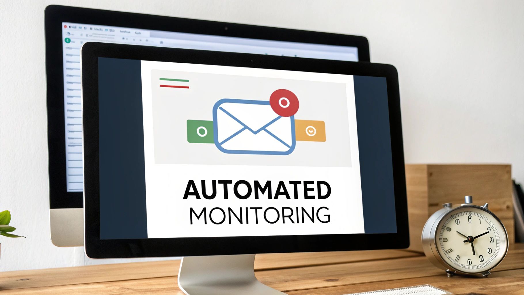 A computer monitor displays 'Automated Monitoring' with an email icon and notification alerts.