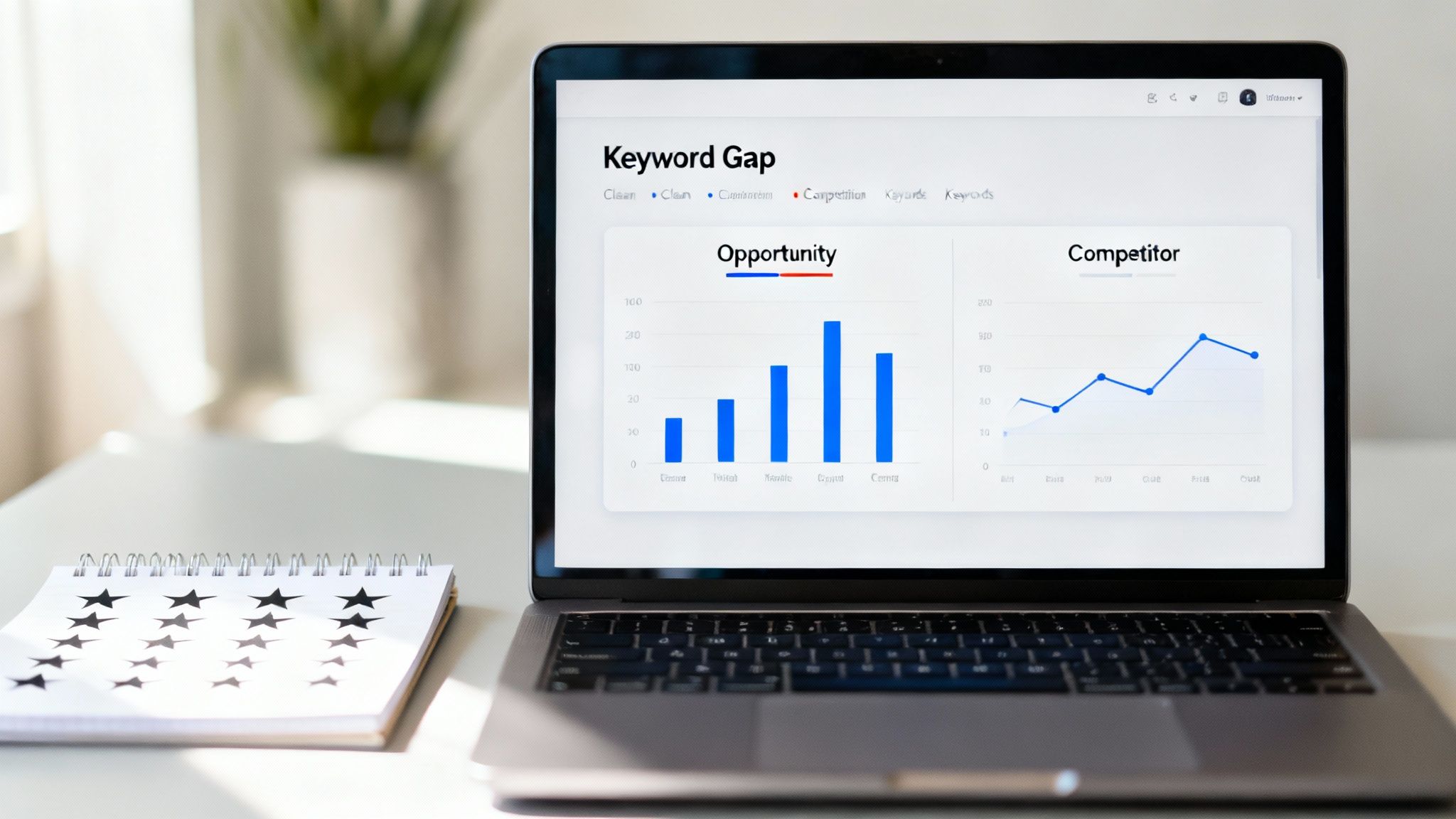 Laptop on a desk displaying an SEO "Keyword Gap" analysis with charts and data insights.