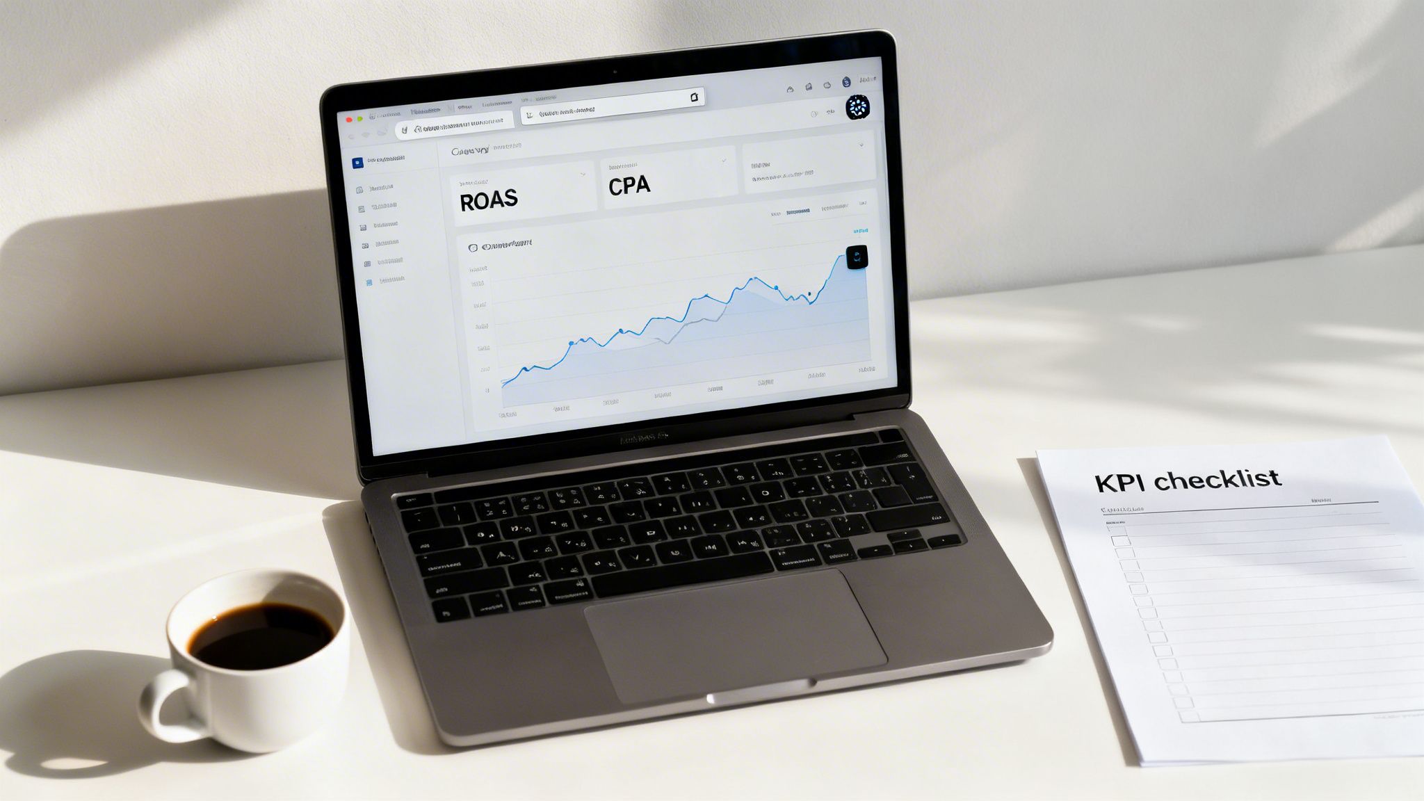 Workspace with a laptop showing marketing performance data, coffee, and a KPI checklist.