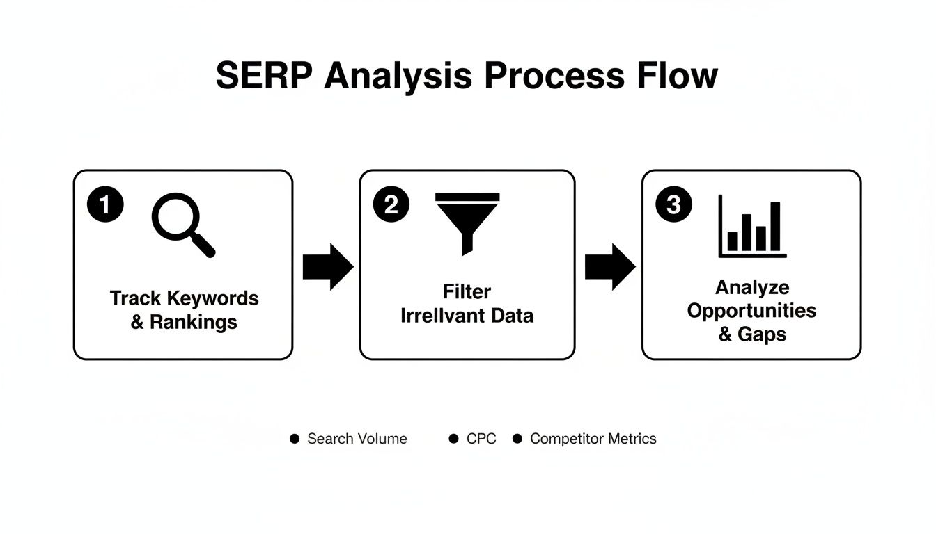 SERP analysis process flow outlining steps: track keywords, filter data, and analyze opportunities.