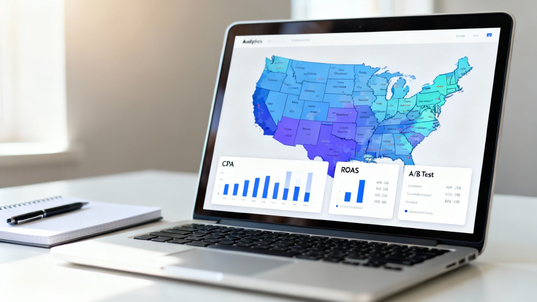 Laptop displaying a marketing analytics dashboard with a US map, CPA and ROAS charts, and A/B test data.