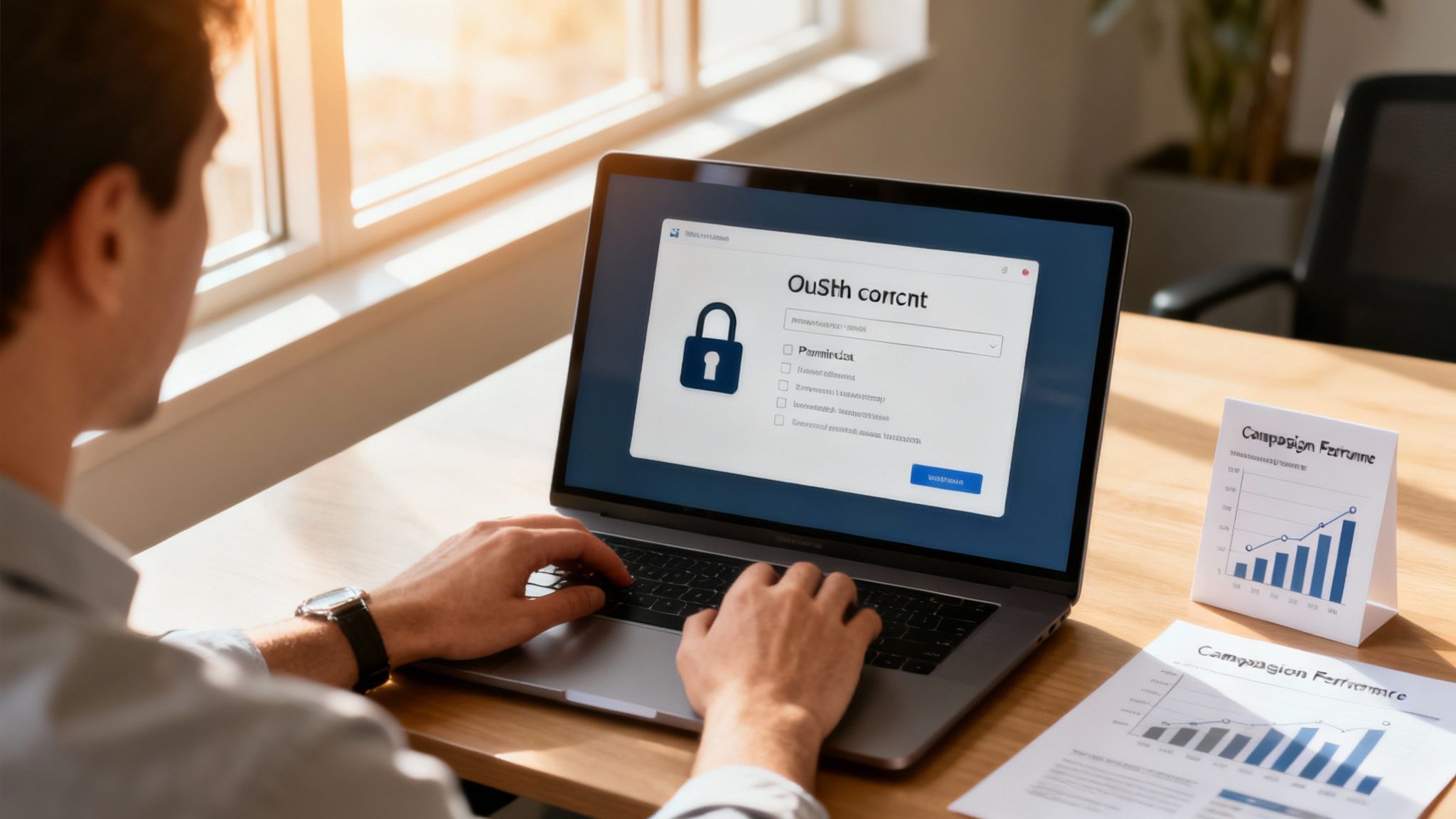 Man typing on a laptop displaying an OAuth authentication screen with a lock icon on an office desk.