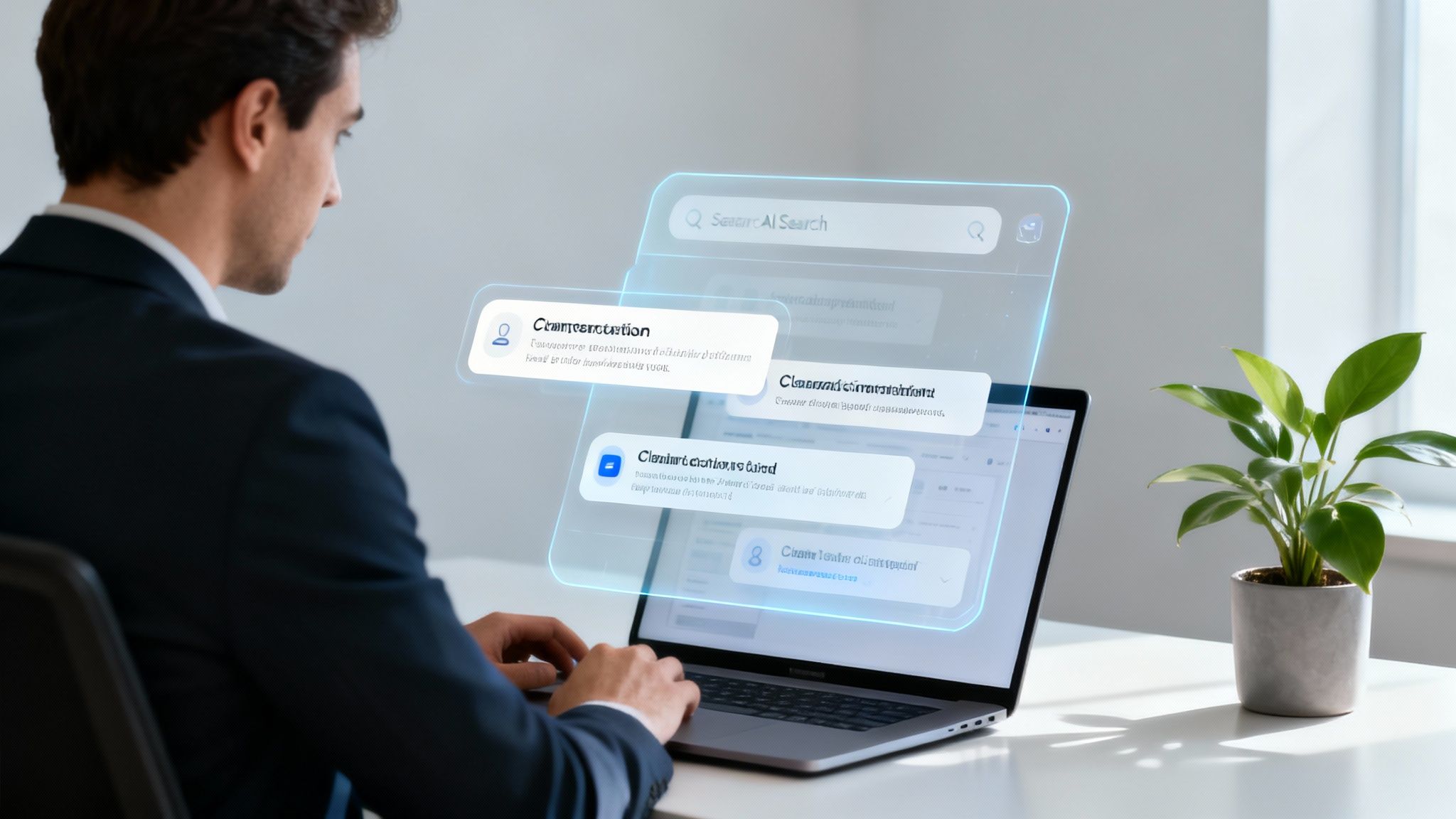 A man in a suit uses a laptop with holographic AI search interfaces in a modern office setting.